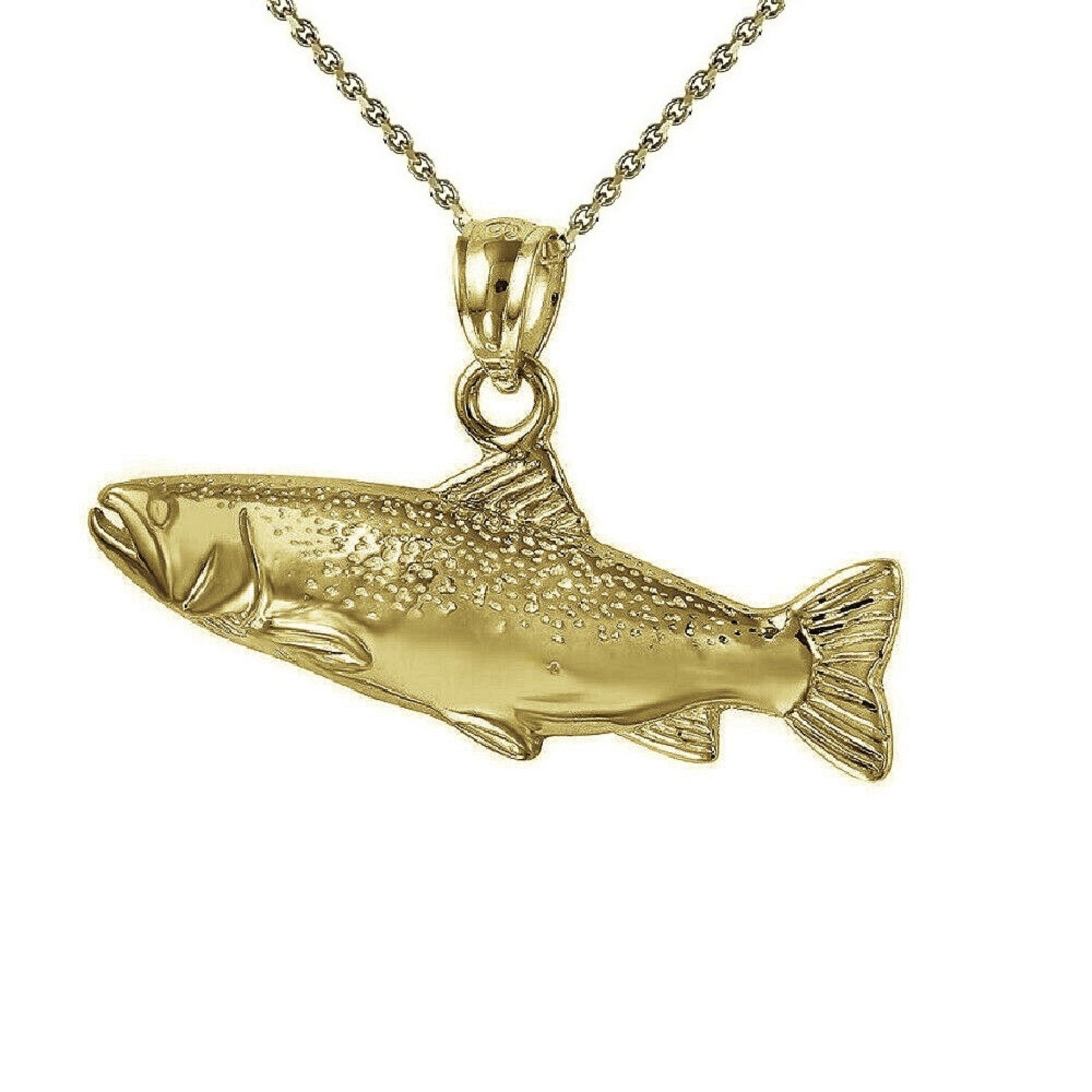 925 Sterling Silver Yellow Gold Plated 1mm Cable Chain Necklace w/ Salmon Fish Pendant Charm