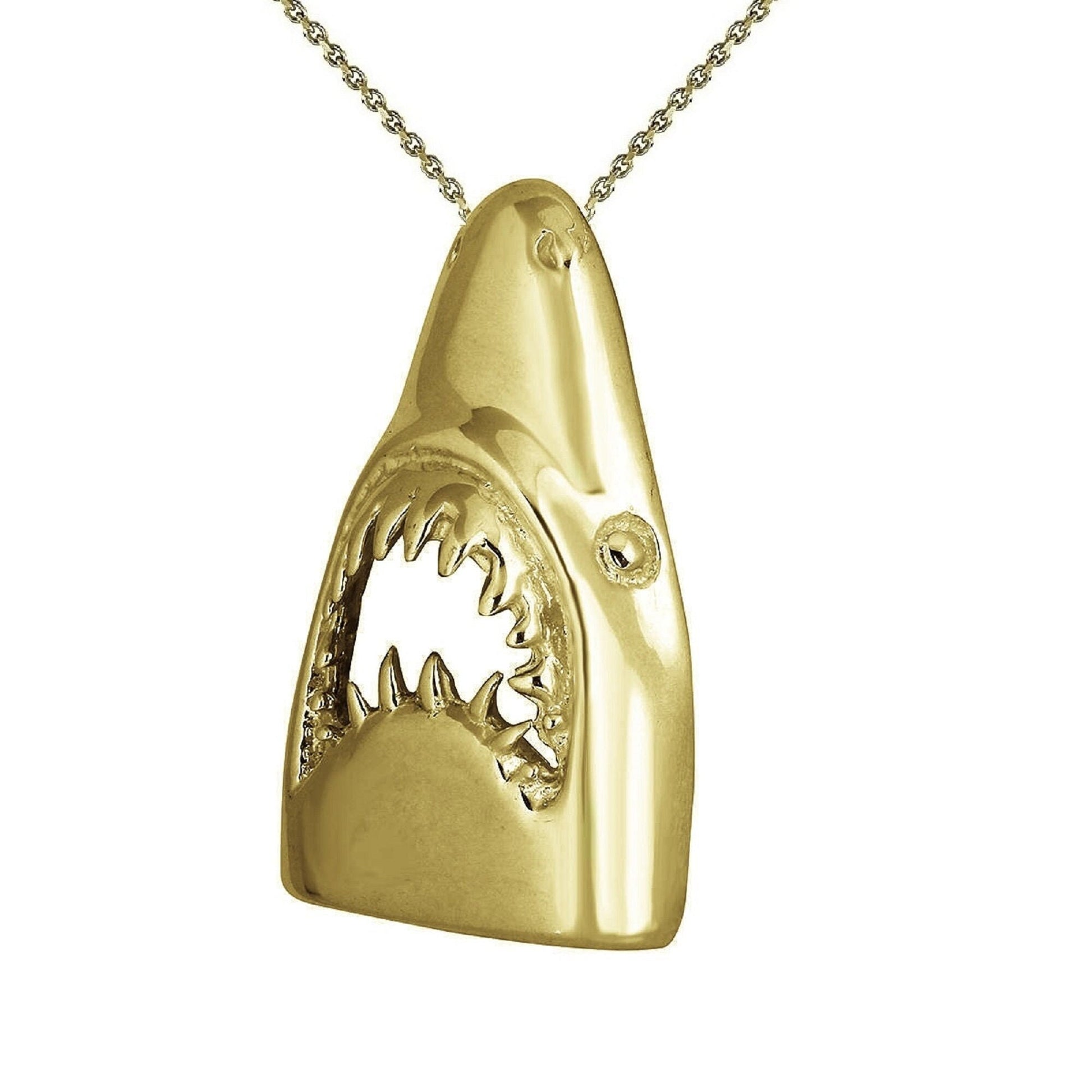 925 Sterling Silver Yellow Gold Plated 1mm Cable Chain Necklace w/ Shark Head Slide Pendant