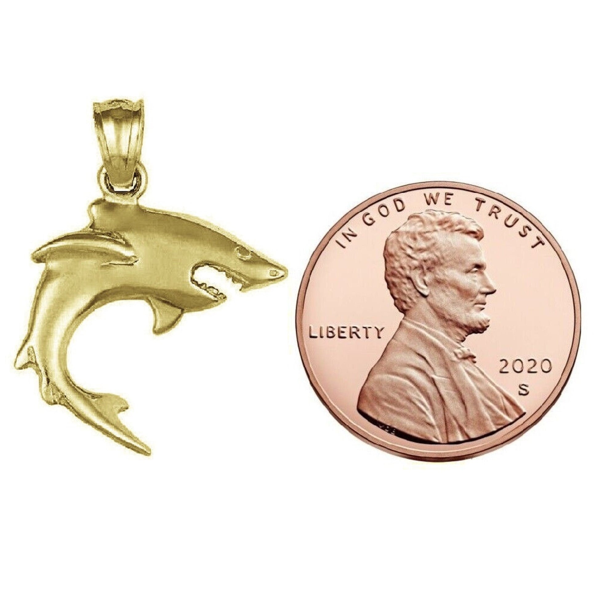 925 Sterling Silver Yellow Gold Plated 1mm Cable Chain Necklace w/ Shark Pendant Charm