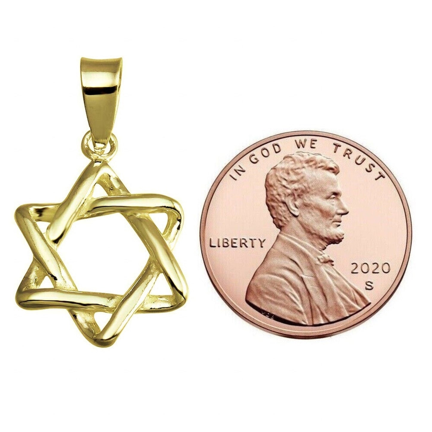 925 Sterling Silver Yellow Gold Plated 1mm Cable Chain Necklace w/ Star of David 3D Pendant Charm