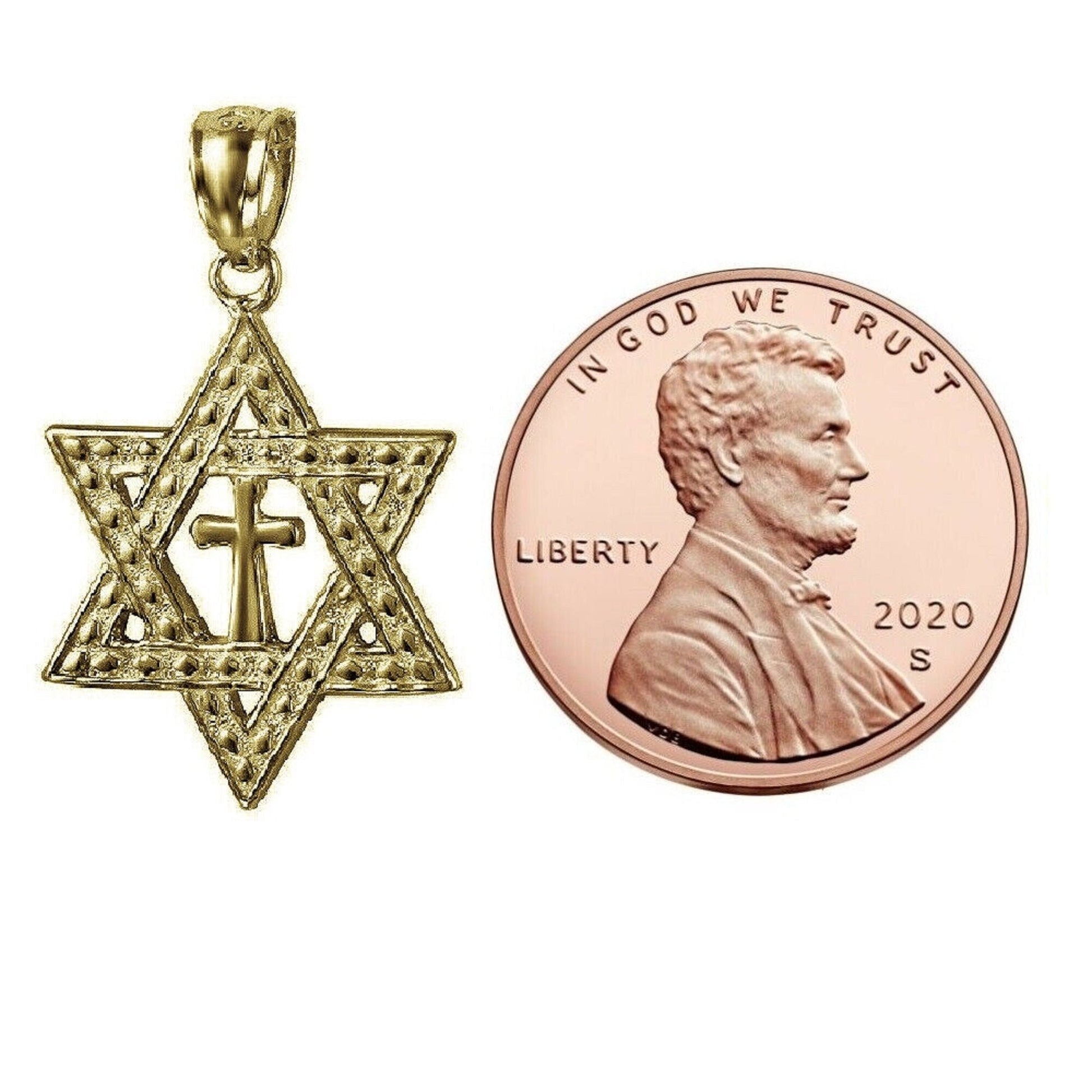 925 Sterling Silver Yellow Gold Plated 1mm Cable Chain Necklace w/ Star of David with Cross Pendant Charm