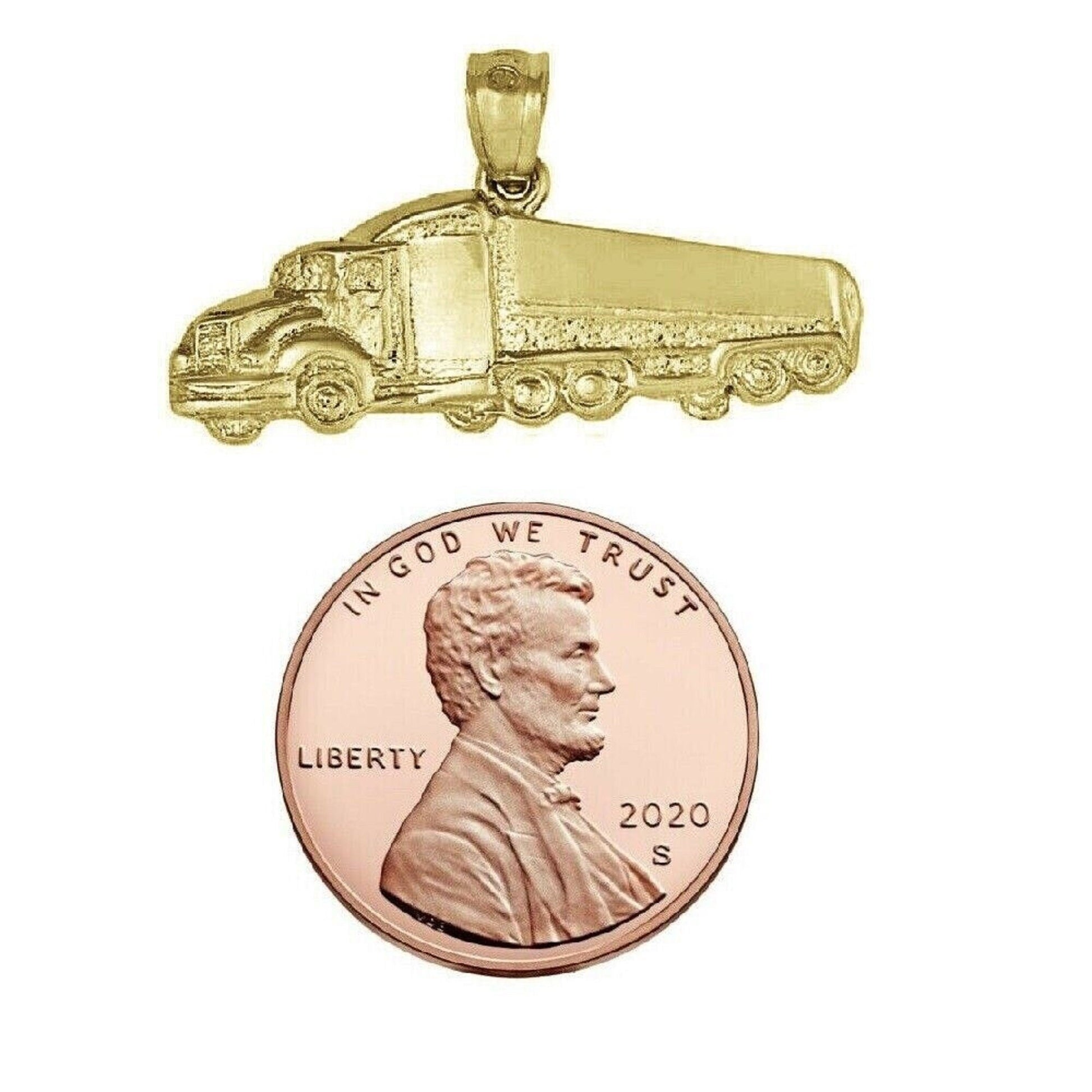 925 Sterling Silver Yellow Gold Plated 1mm Cable Chain Necklace w/ Trailer Truck Pendant Charm