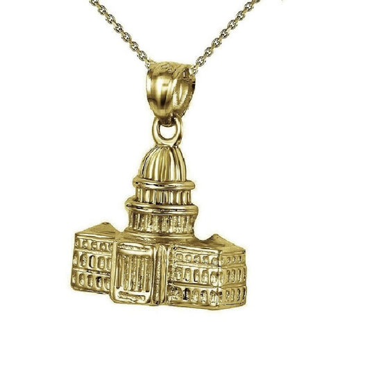 925 Sterling Silver Yellow Gold Plated 1mm Cable Chain Necklace w/ US Capitol Building 3D Pendant Charm