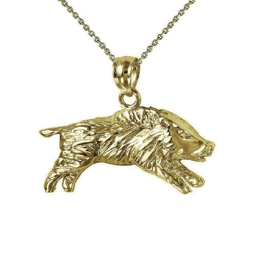 925 Sterling Silver Yellow Gold Plated 1mm Cable Chain Necklace w/ Wild Boar Pendant Charm