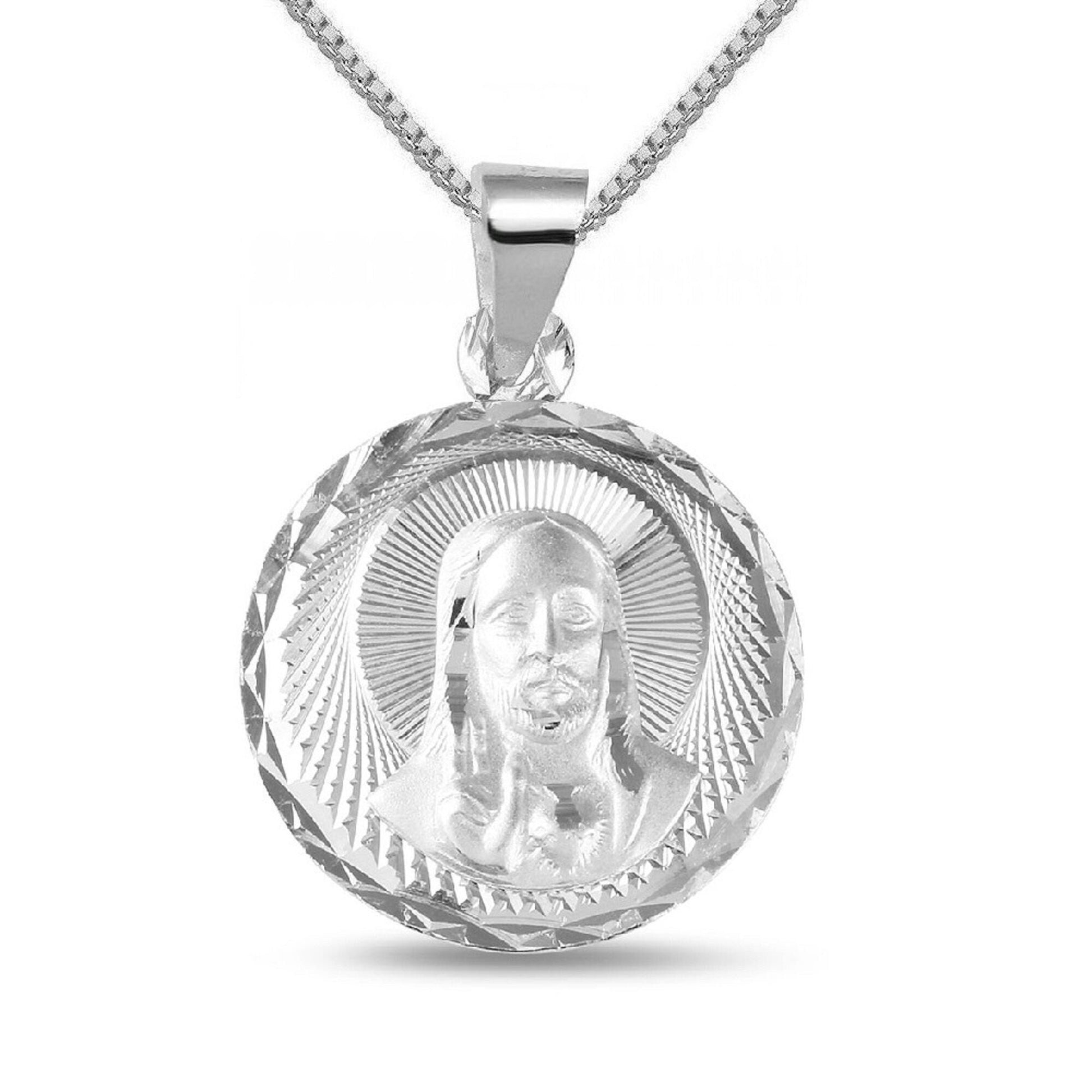 925 Sterling Silver Necklace w/ Jesus Round-Shaped Pendant Charm
