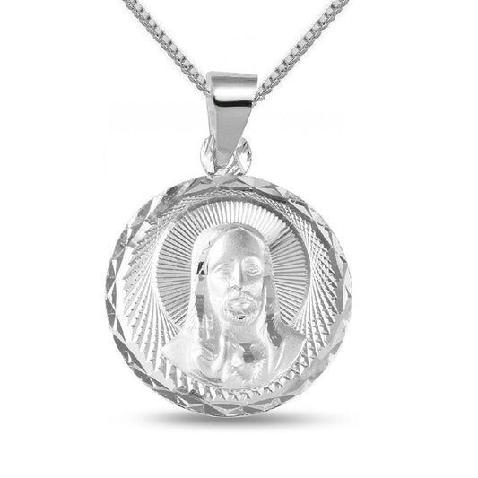925 Sterling Silver Necklace w/ Jesus Round-Shaped Pendant Charm