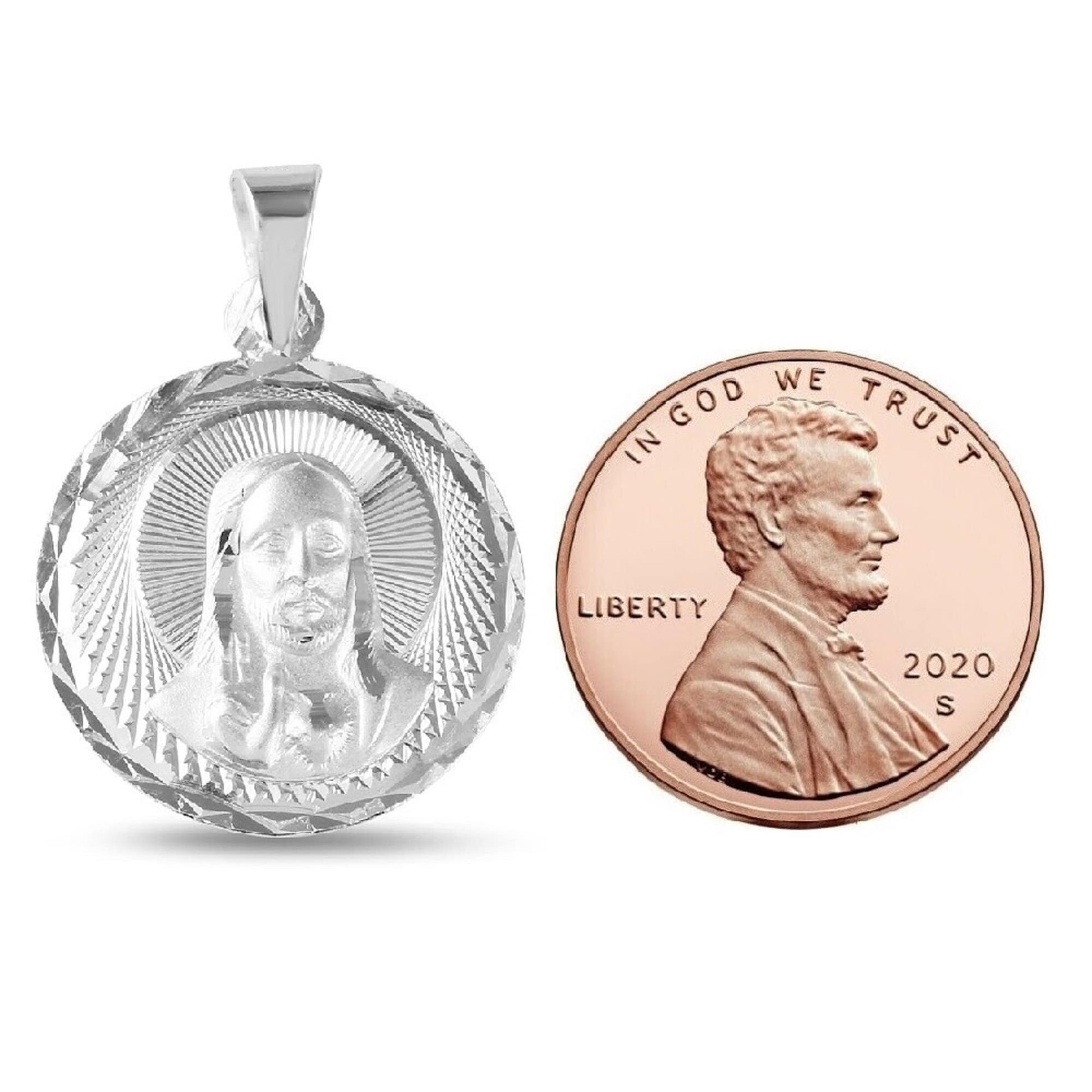 925 Sterling Silver Necklace w/ Jesus Round-Shaped Pendant Charm