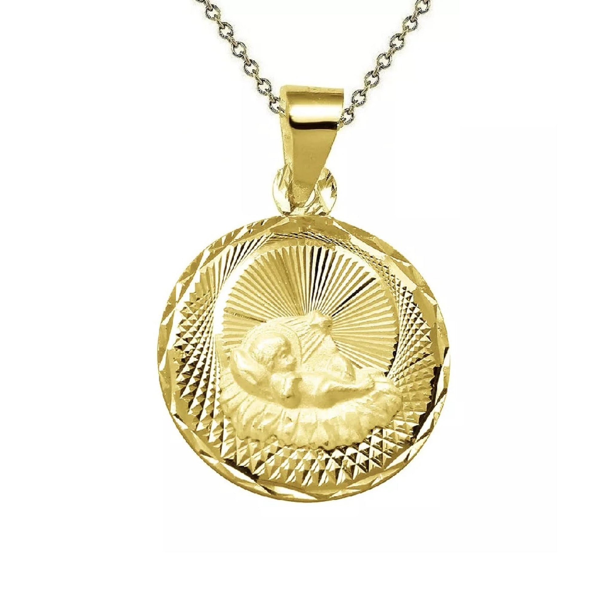 925 Sterling Silver Yellow Gold Plated 1mm Cable Chain Necklace w/ Baptism Round Shape Pendant Charm