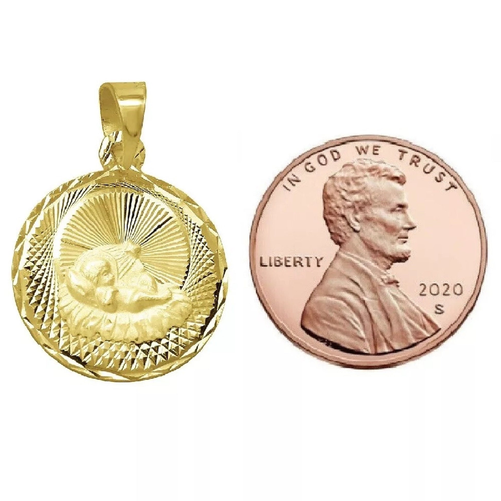 925 Sterling Silver Yellow Gold Plated 1mm Cable Chain Necklace w/ Baptism Round Shape Pendant Charm