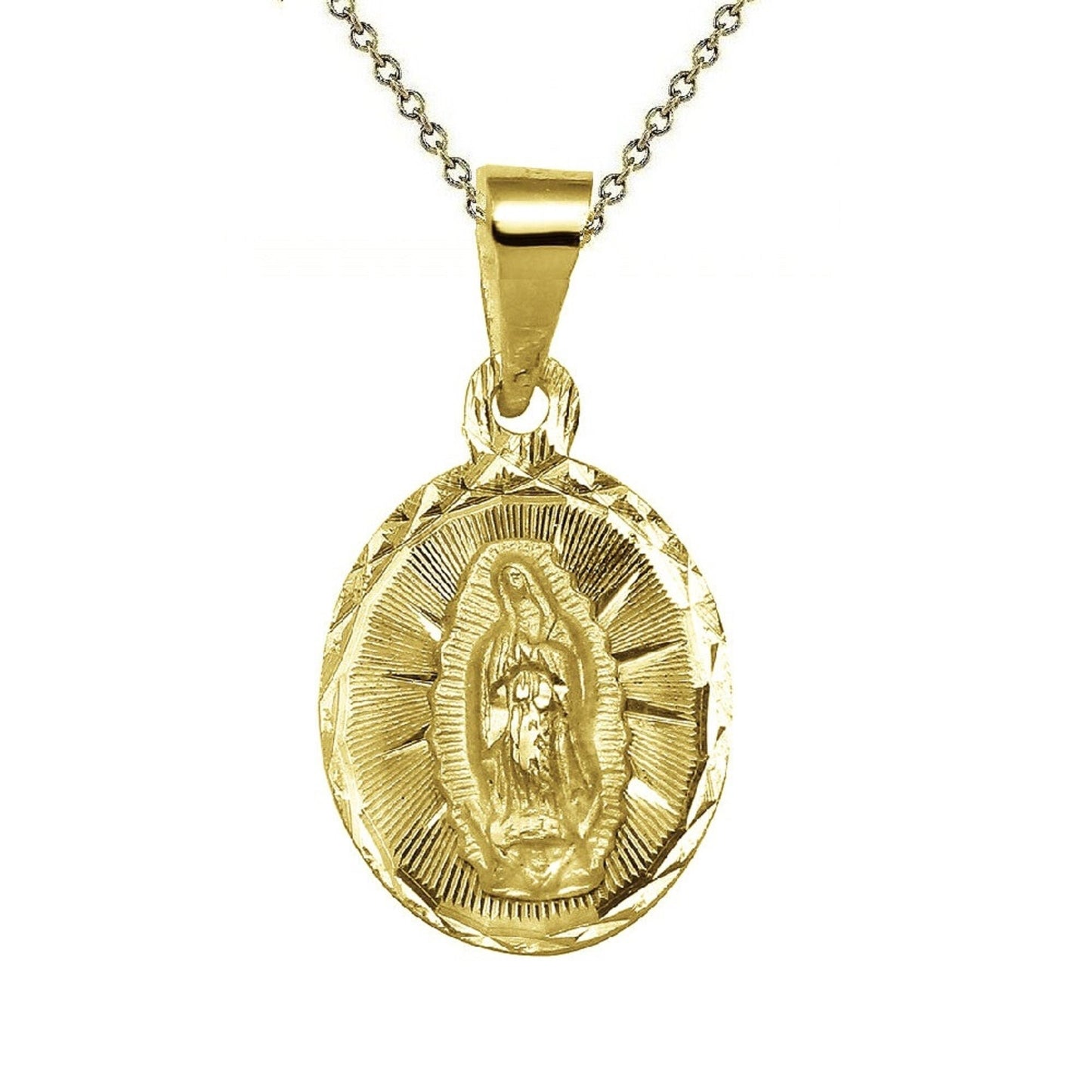 925 Sterling Silver Yellow Gold Plated 1mm Cable Chain Necklace w/ Our Lady of Guadalupe Pendant Charm