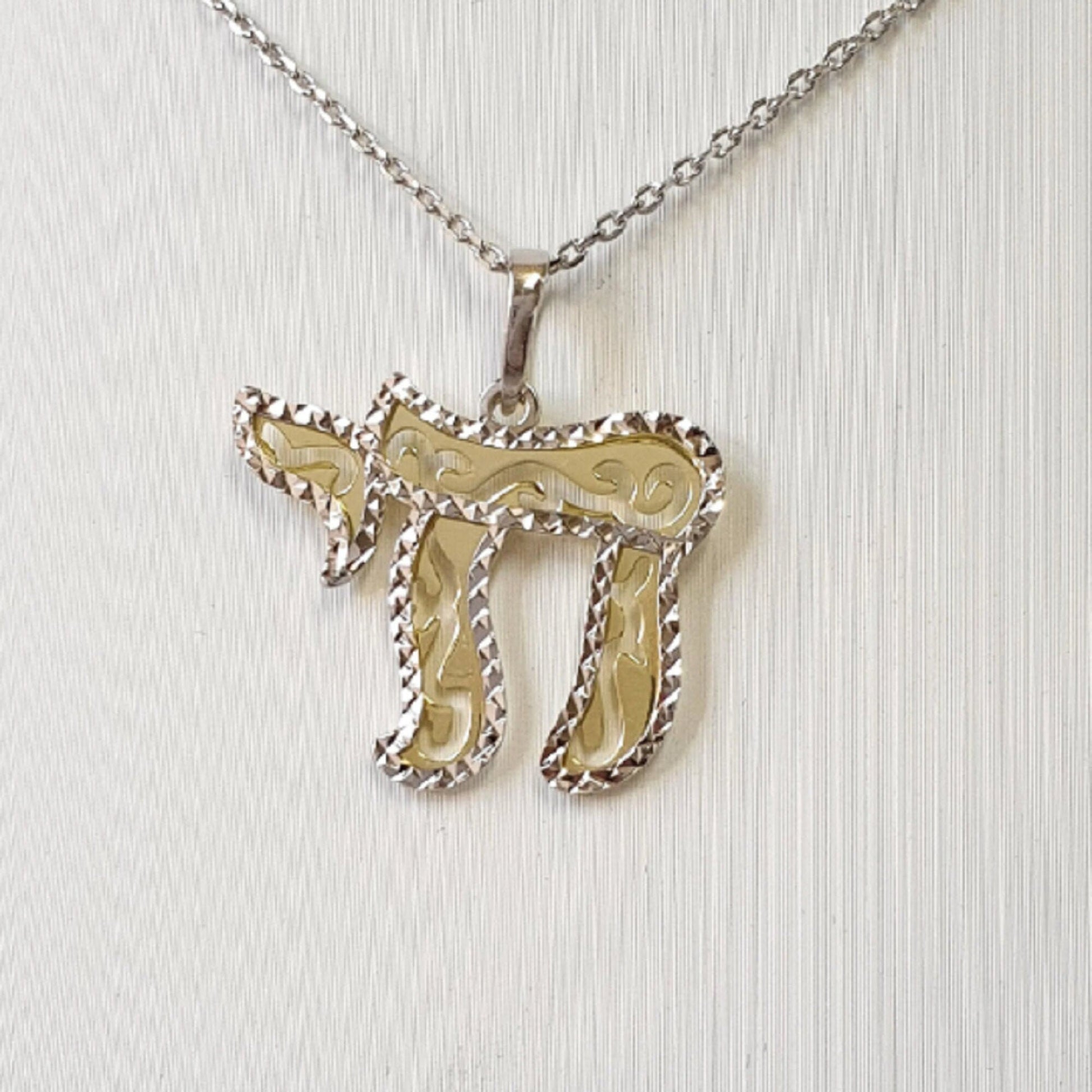 925 Sterling Silver Necklace w/ 2-Tone 2-Pieces Chai Pendant