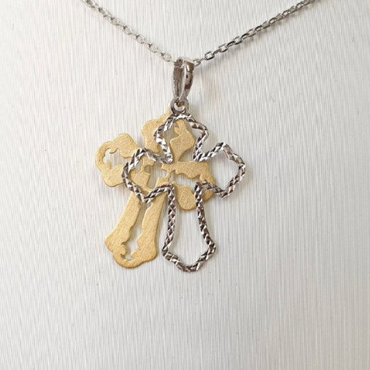 925 Sterling Silver Necklace w/ 2-Tone 2-Pieces Cross Pendant