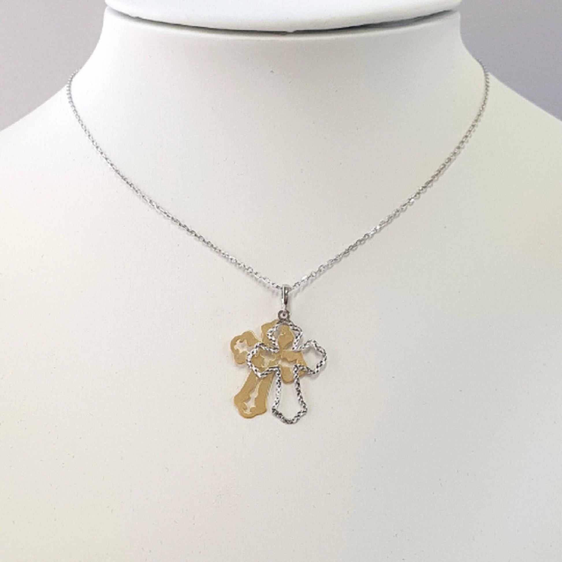 925 Sterling Silver Necklace w/ 2-Tone 2-Pieces Cross Pendant