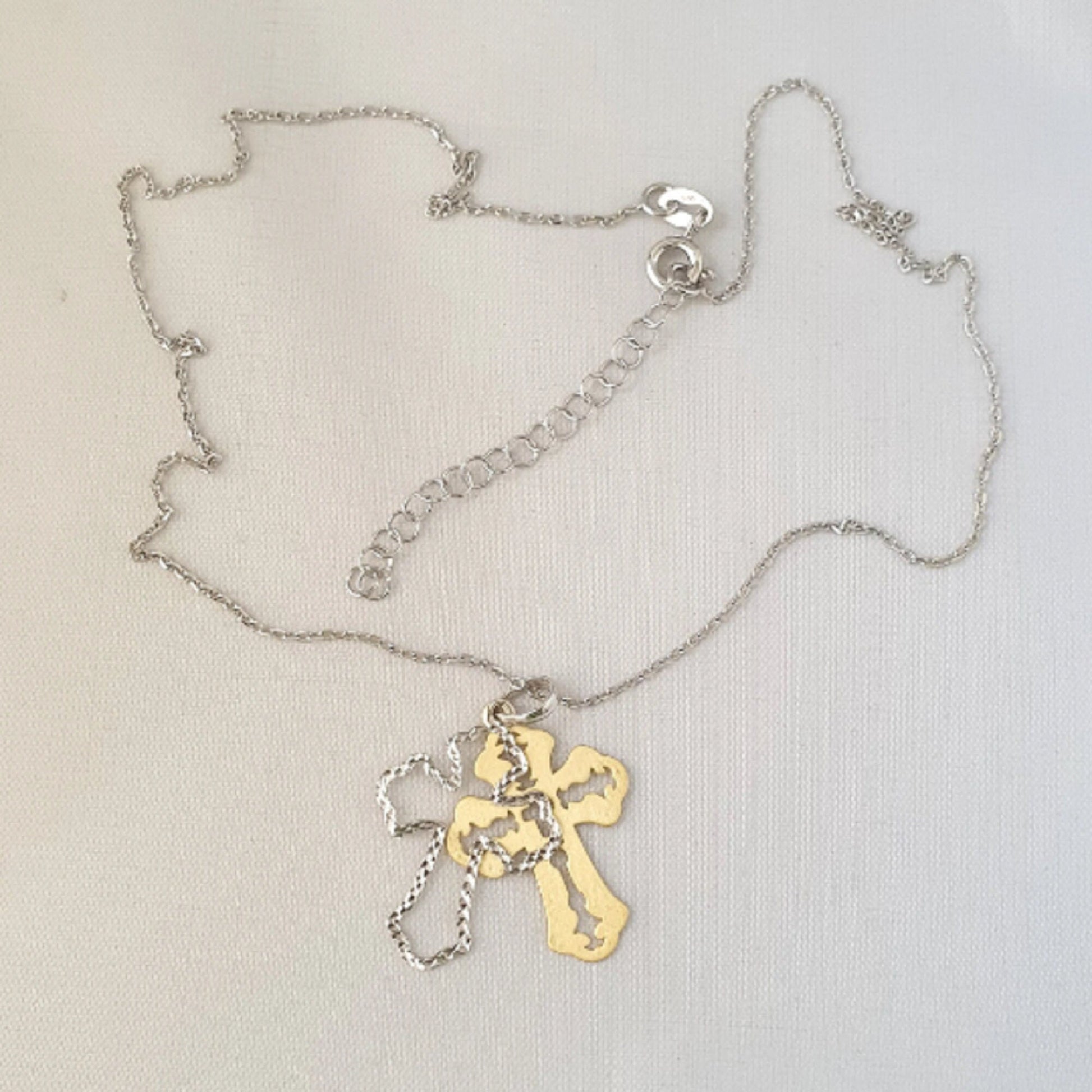 925 Sterling Silver Necklace w/ 2-Tone 2-Pieces Cross Pendant