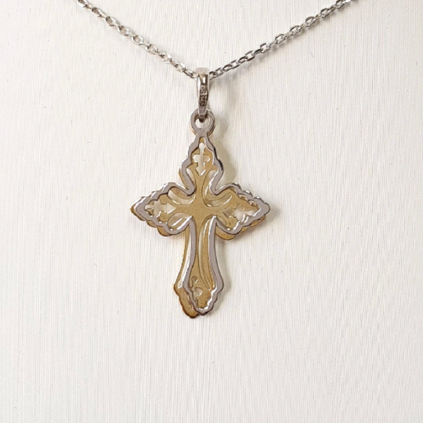 925 Sterling Silver Necklace w/ 2-Tone 2-Pieces Cross Pendant