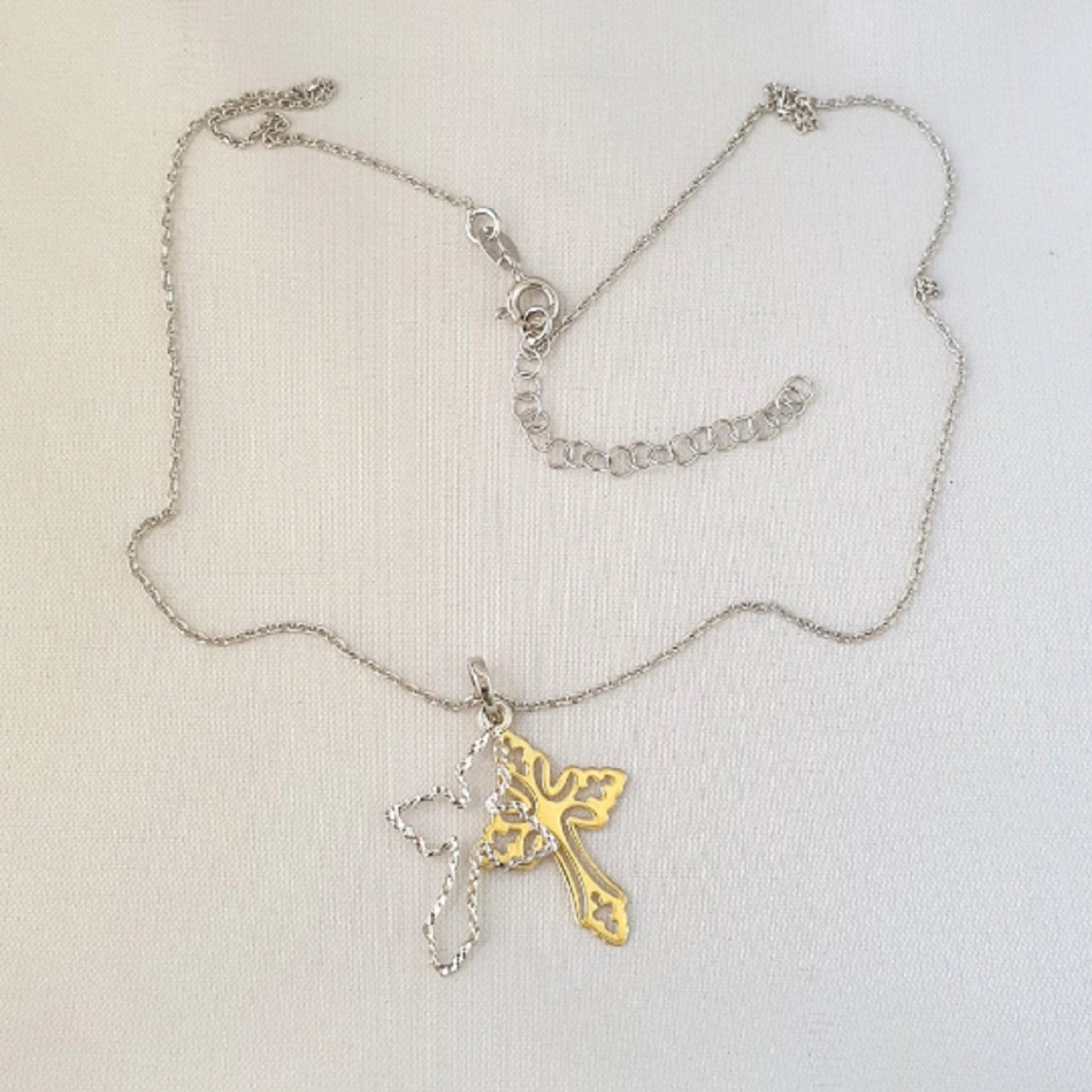 925 Sterling Silver Necklace w/ 2-Tone 2-Pieces Cross Pendant