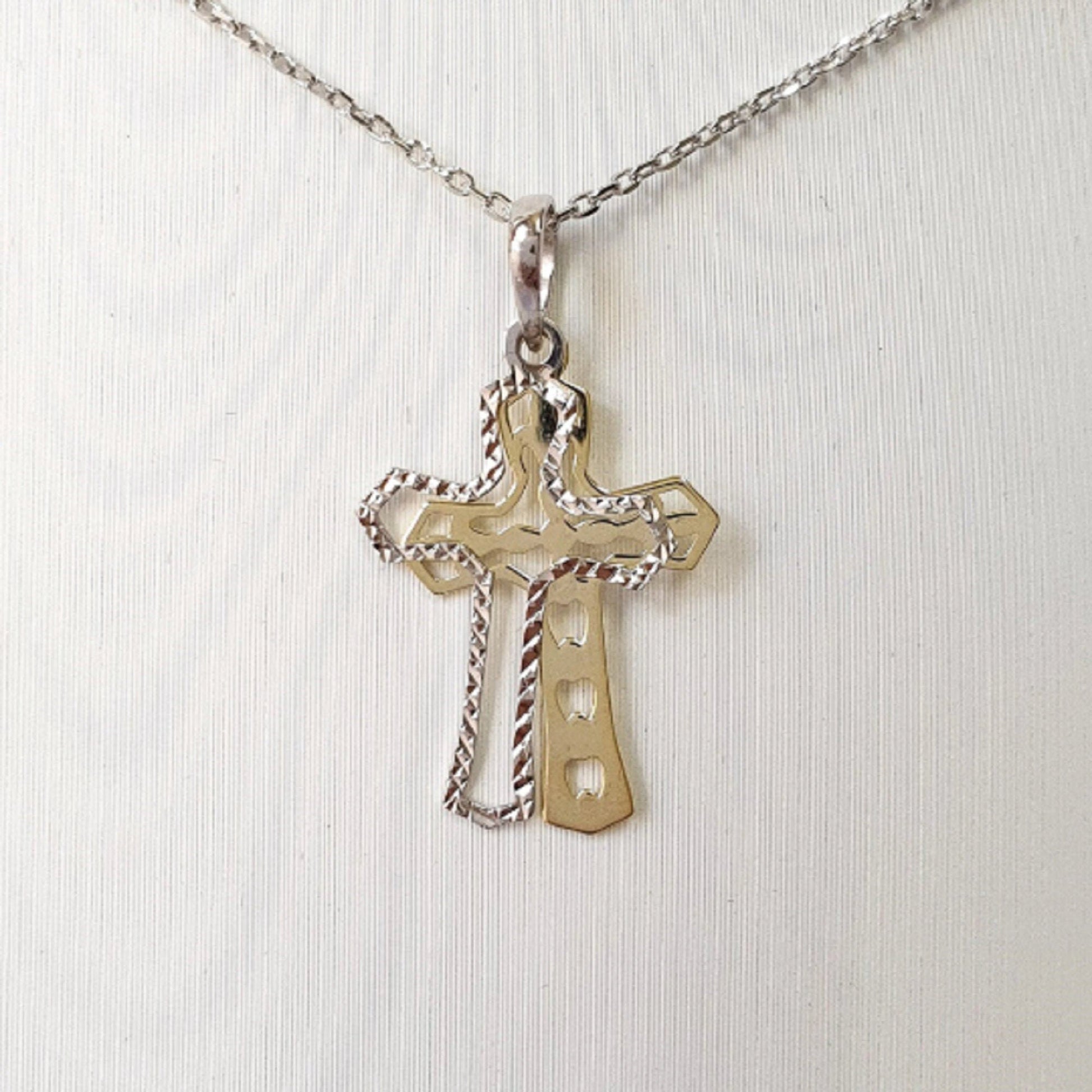 925 Sterling Silver Necklace w/ 2-Tone 2-Pieces Cross Pendant
