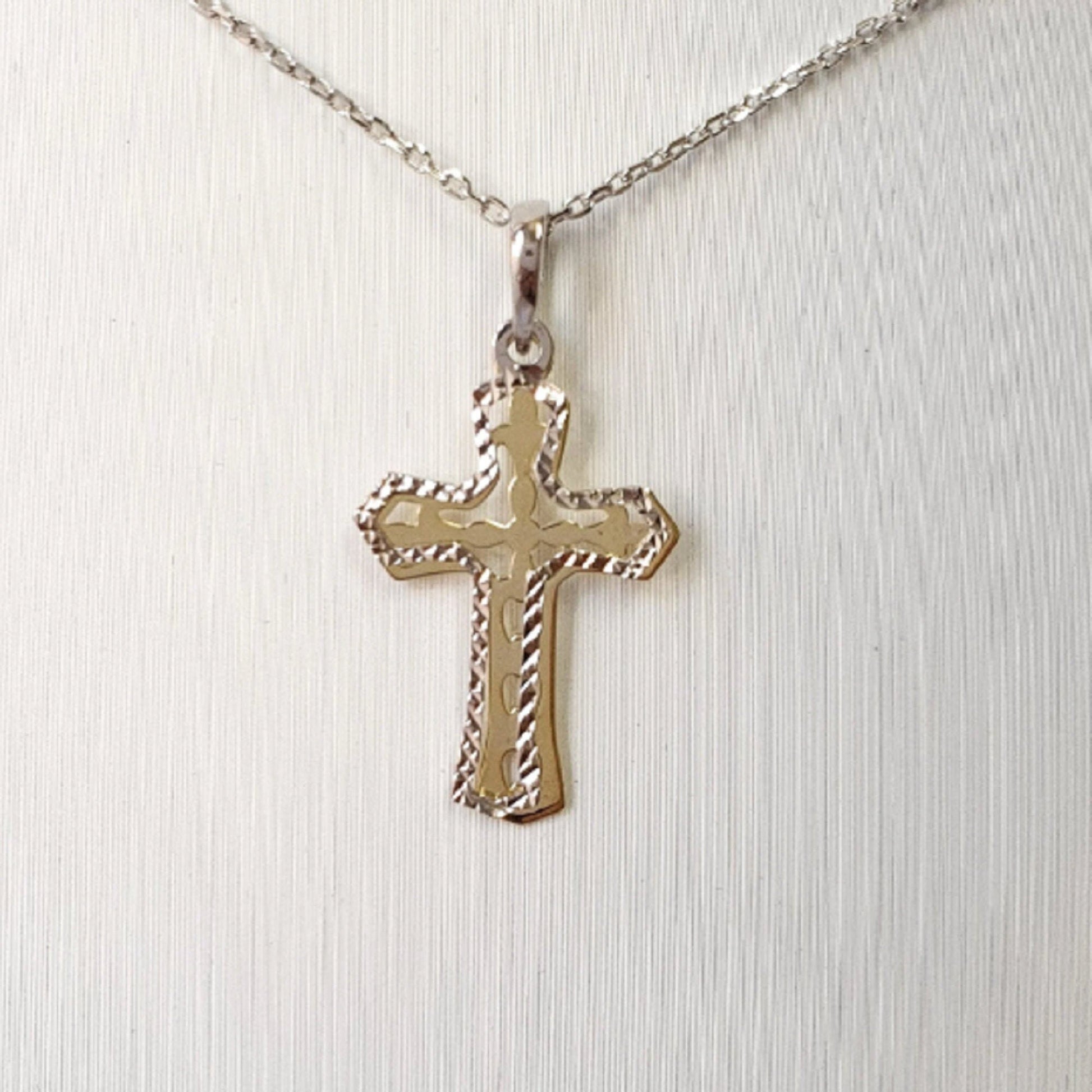 925 Sterling Silver Necklace w/ 2-Tone 2-Pieces Cross Pendant