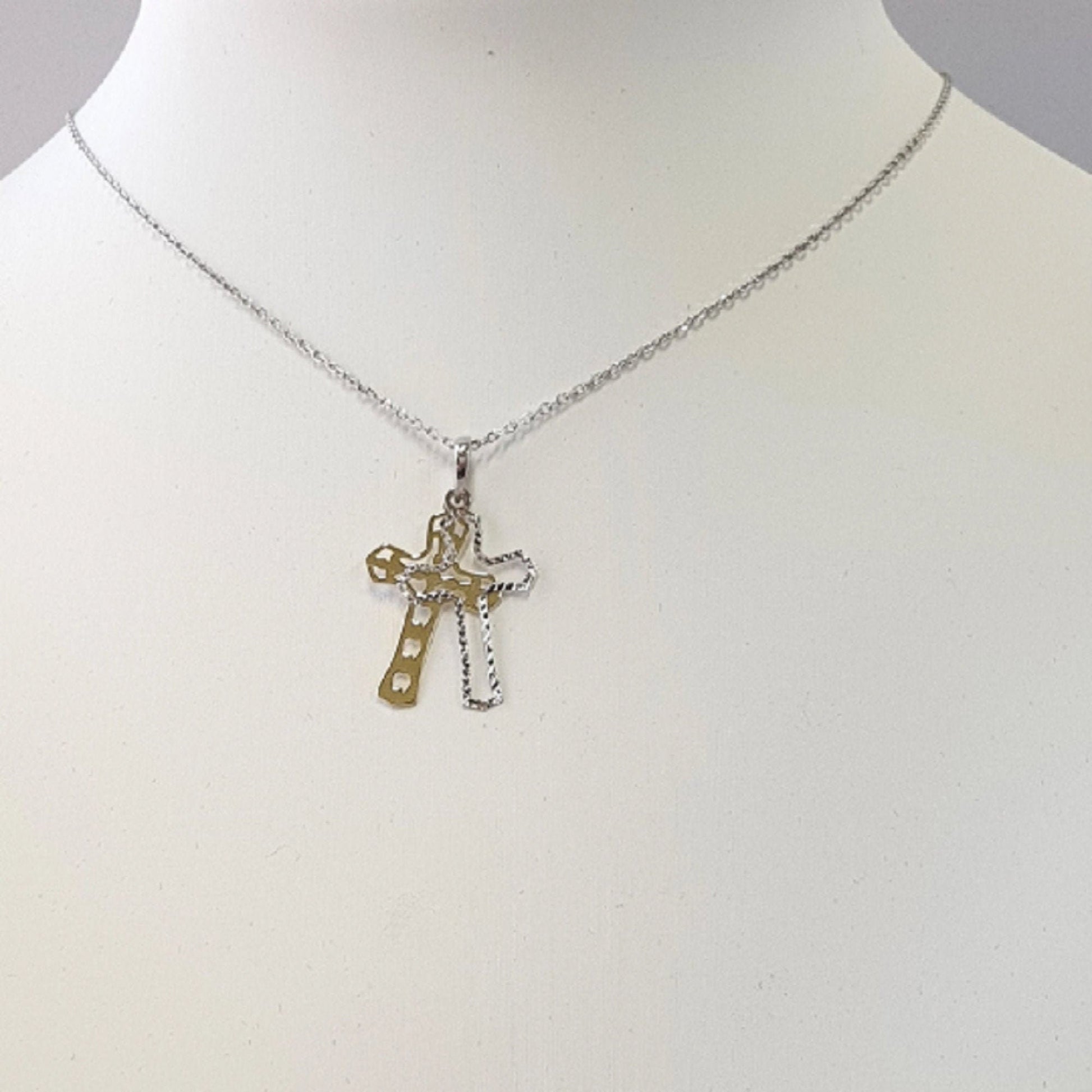 925 Sterling Silver Necklace w/ 2-Tone 2-Pieces Cross Pendant