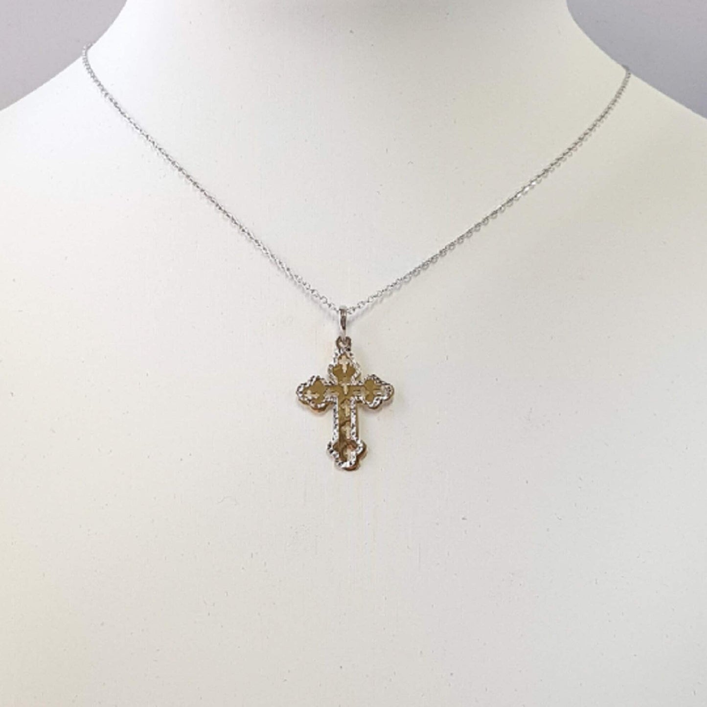 925 Sterling Silver Necklace w/ 2-Tone 2-Pieces Cross Pendant