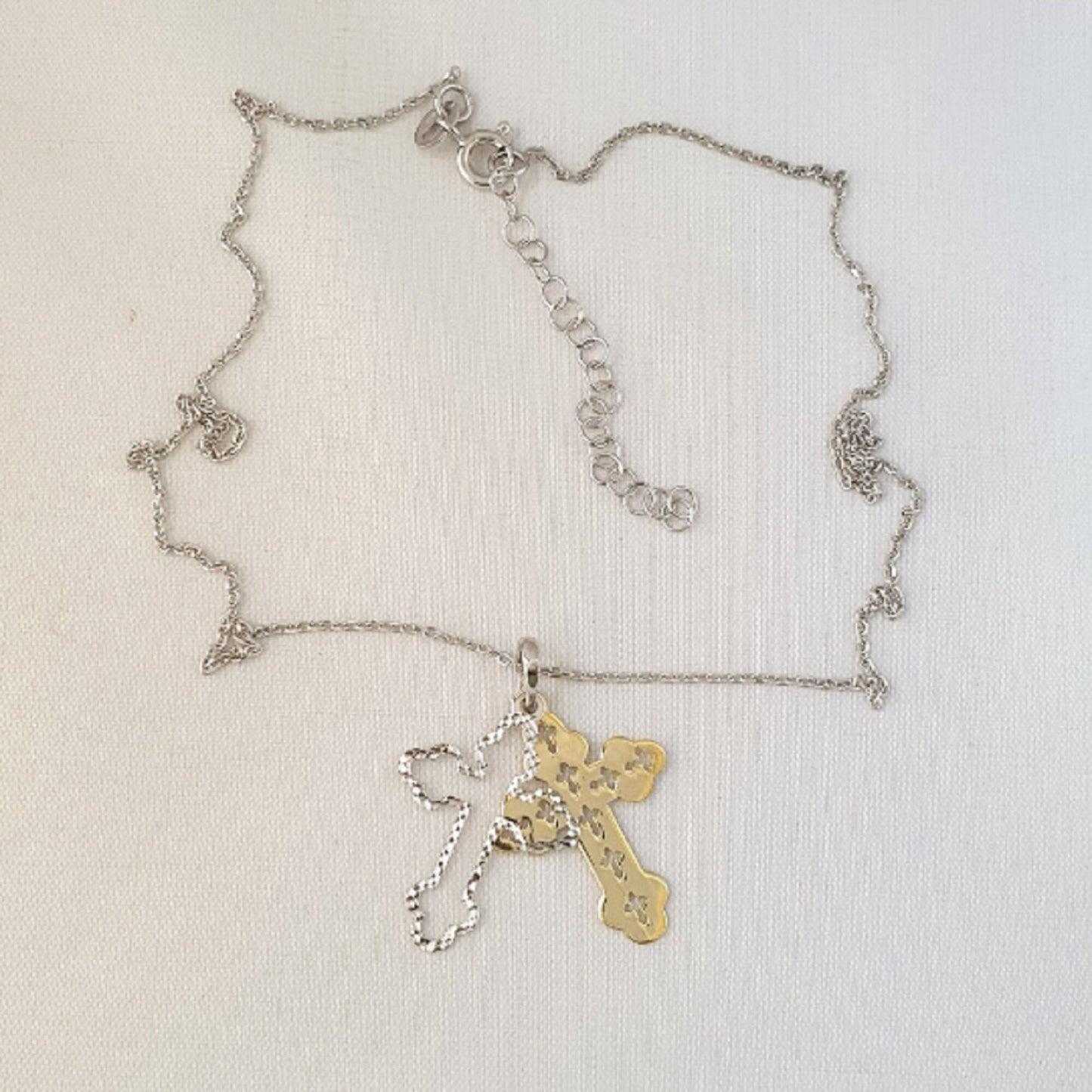 925 Sterling Silver Necklace w/ 2-Tone 2-Pieces Cross Pendant