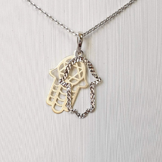 925 Sterling Silver Necklace w/ 2-Tone 2-Pieces Hamsa Hand Pendant