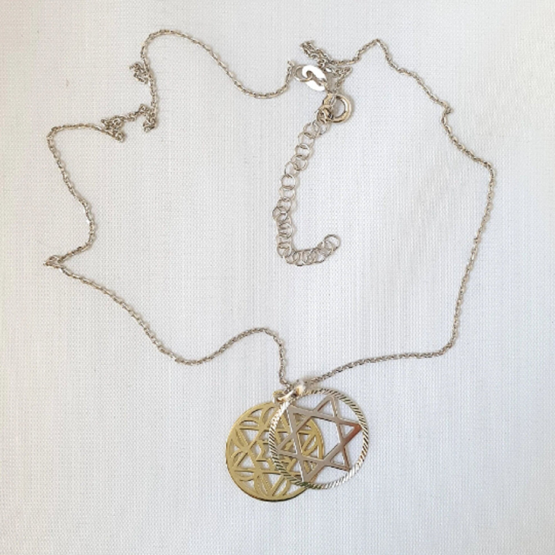 925 Sterling Silver Necklace w/ 2-Tone 2-Pieces Star of David Pendant