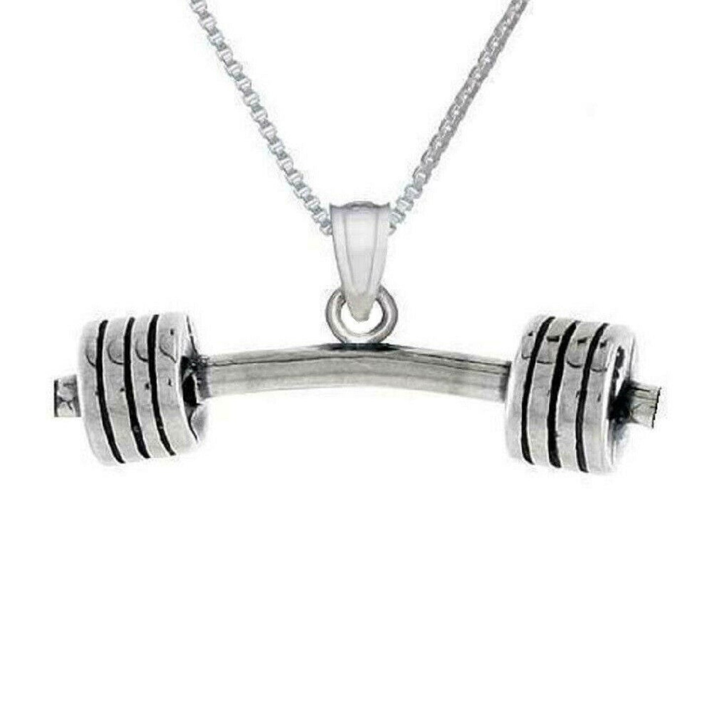 925 Sterling Silver Necklace w/ Barbell Dumbbell 3D Solid Pendant Charm