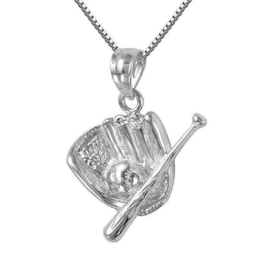 925 Sterling Silver Necklace w/ Baseball Glove Mitt, Bat & Ball Pendant Charm