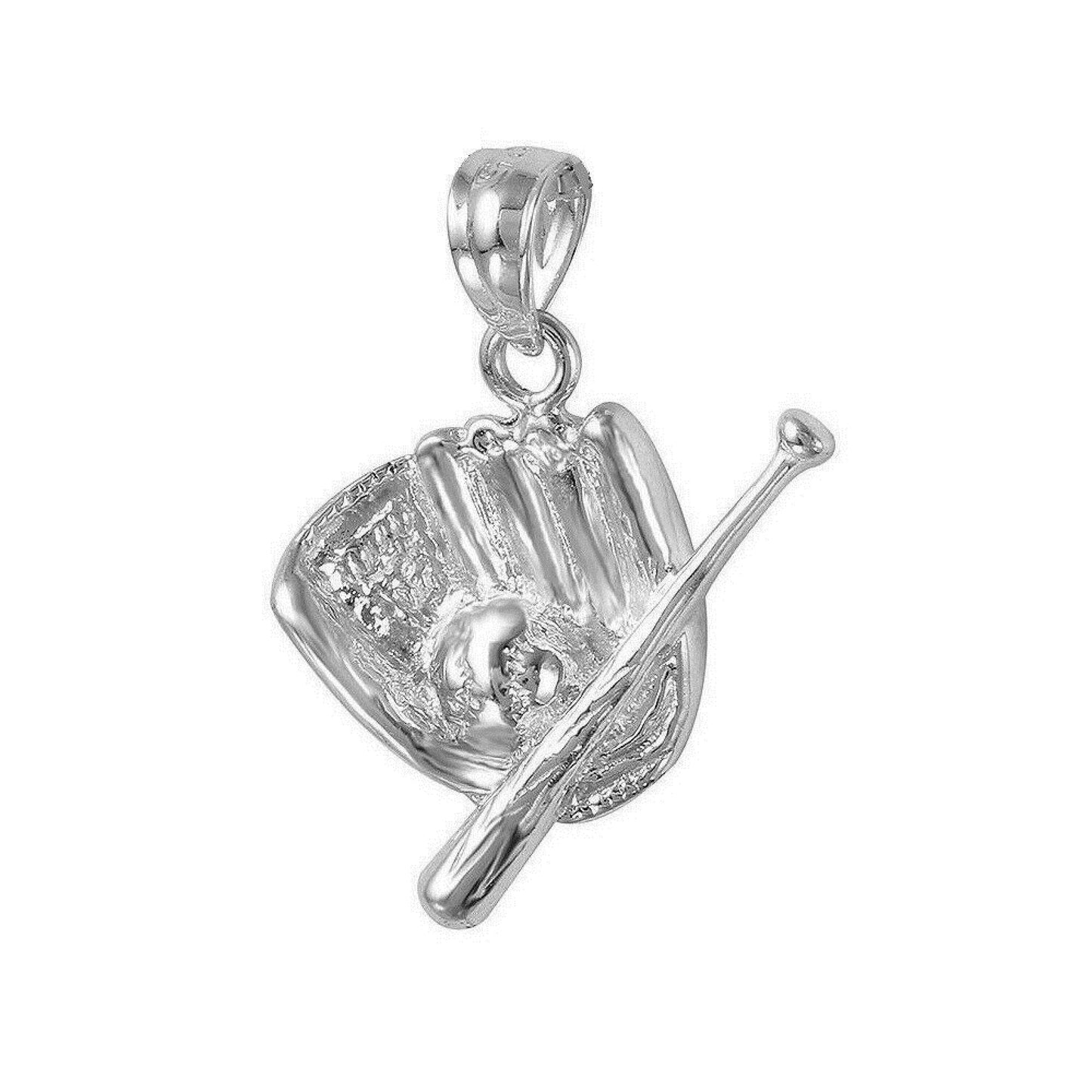 925 Sterling Silver Necklace w/ Baseball Glove Mitt, Bat & Ball Pendant Charm