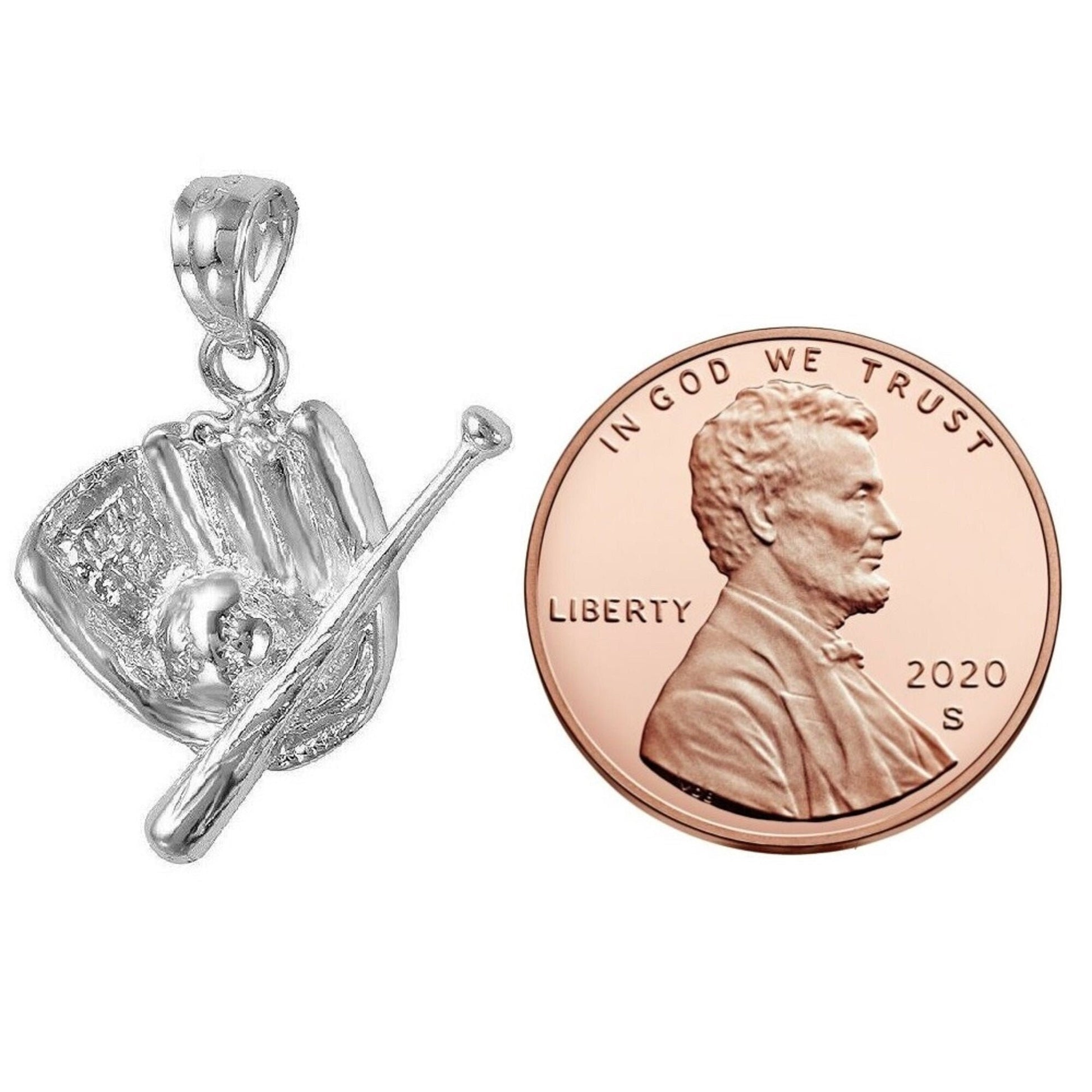 925 Sterling Silver Necklace w/ Baseball Glove Mitt, Bat & Ball Pendant Charm