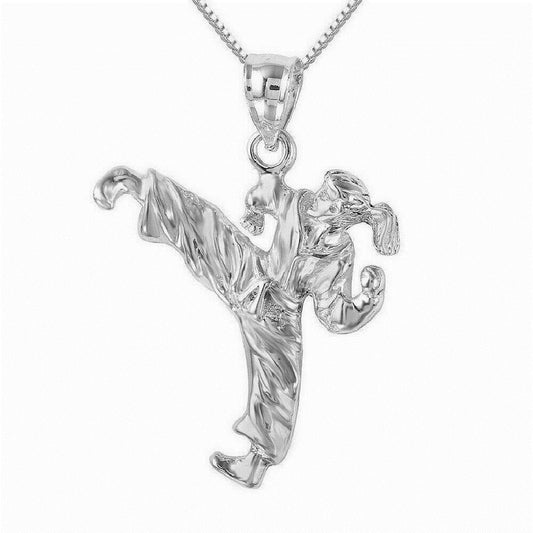 925 Sterling Silver Necklace w/ Female Martial Arts Karate Pendant Charm