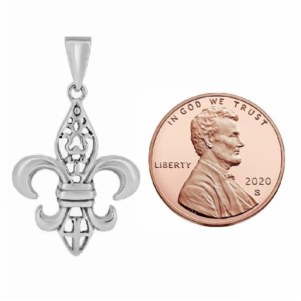 925 Sterling Silver Necklace w/ Filigree Fleur De Lis Pendant Charm