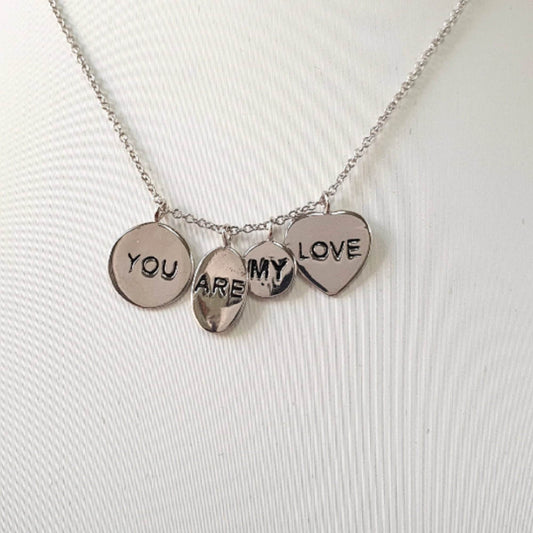 925 Sterling Silver Necklace with "You Are My Love" Pendant Charms