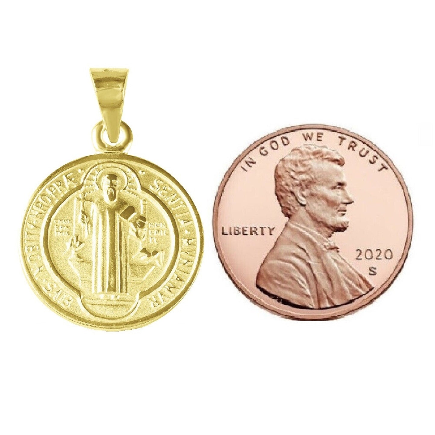 925 Sterling Silver Yellow Gold Plated 1mm Cable Chain Necklace w/ 2-sided Saint Benedict Pendant Charm