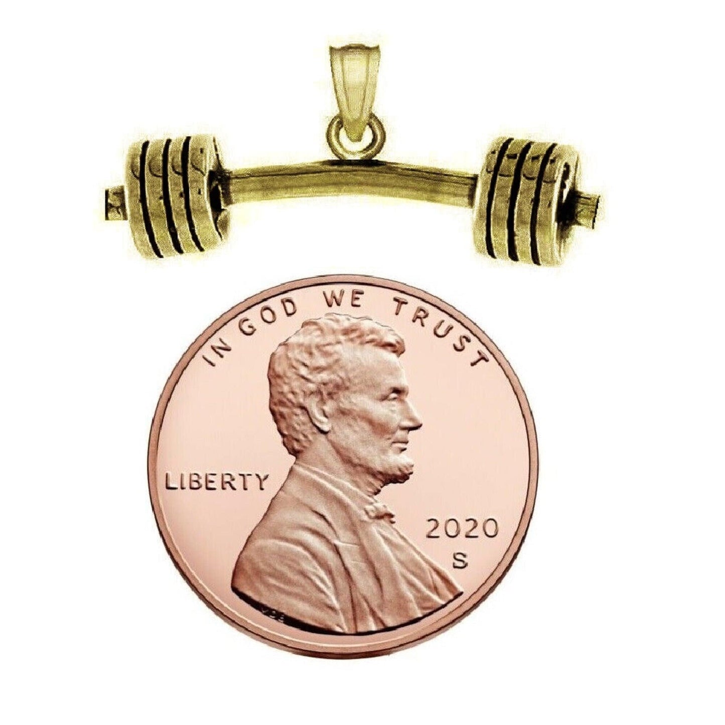 925 Sterling Silver Yellow Gold Plated 1mm Cable Chain Necklace w/ Barbell Dumbbell 3D Solid Pendant Charm