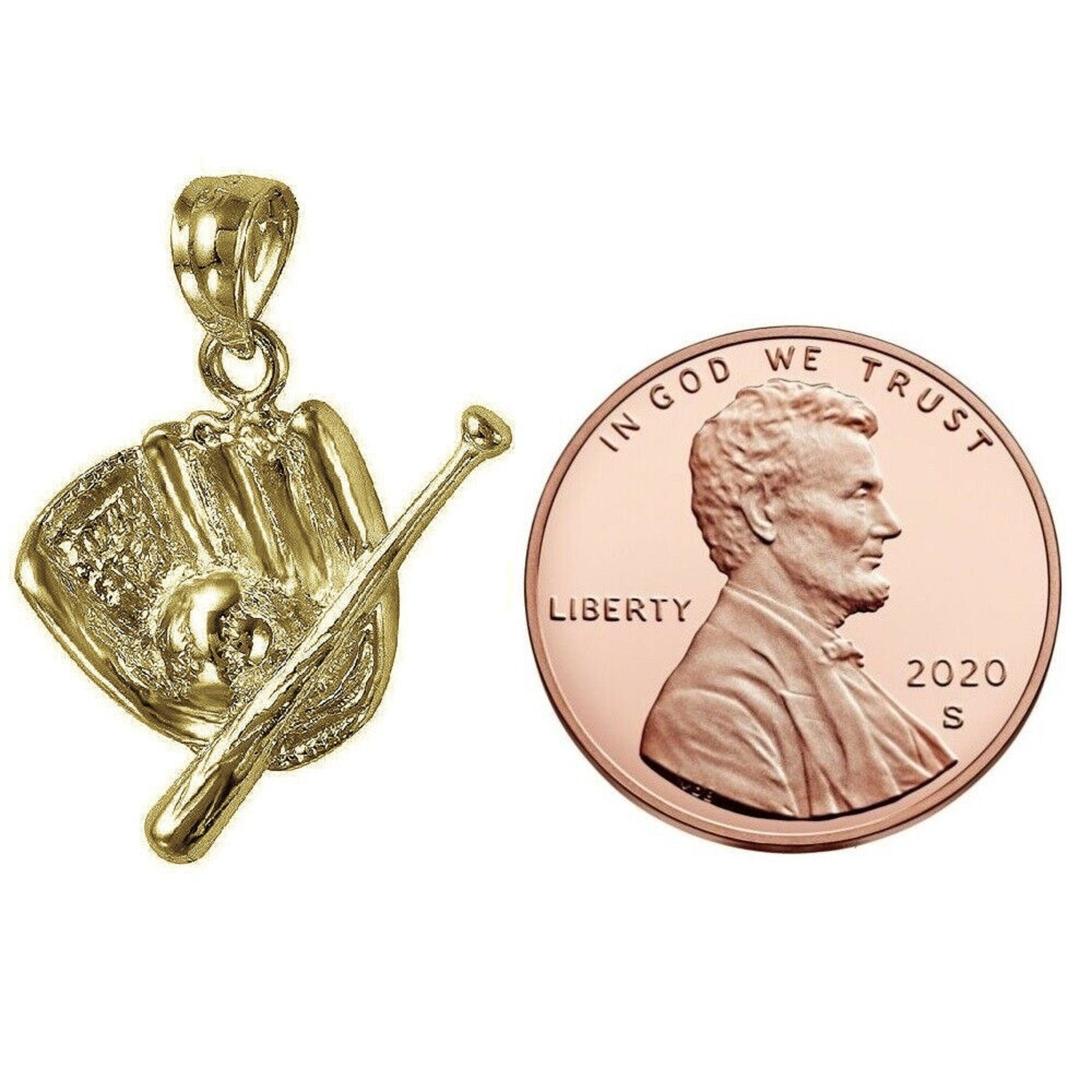 925 Sterling Silver Yellow Gold Plated 1mm Cable Chain Necklace w/ Baseball Glove Mitt, Bat & Ball Pendant Charm