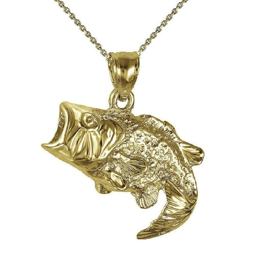 925 Sterling Silver Yellow Gold Plated 1mm Cable Chain Necklace w/ Bass Fish Pendant Charm