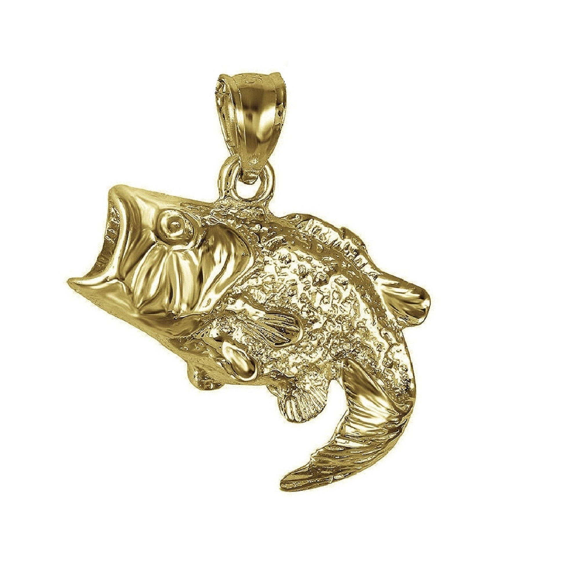 925 Sterling Silver Yellow Gold Plated 1mm Cable Chain Necklace w/ Bass Fish Pendant Charm