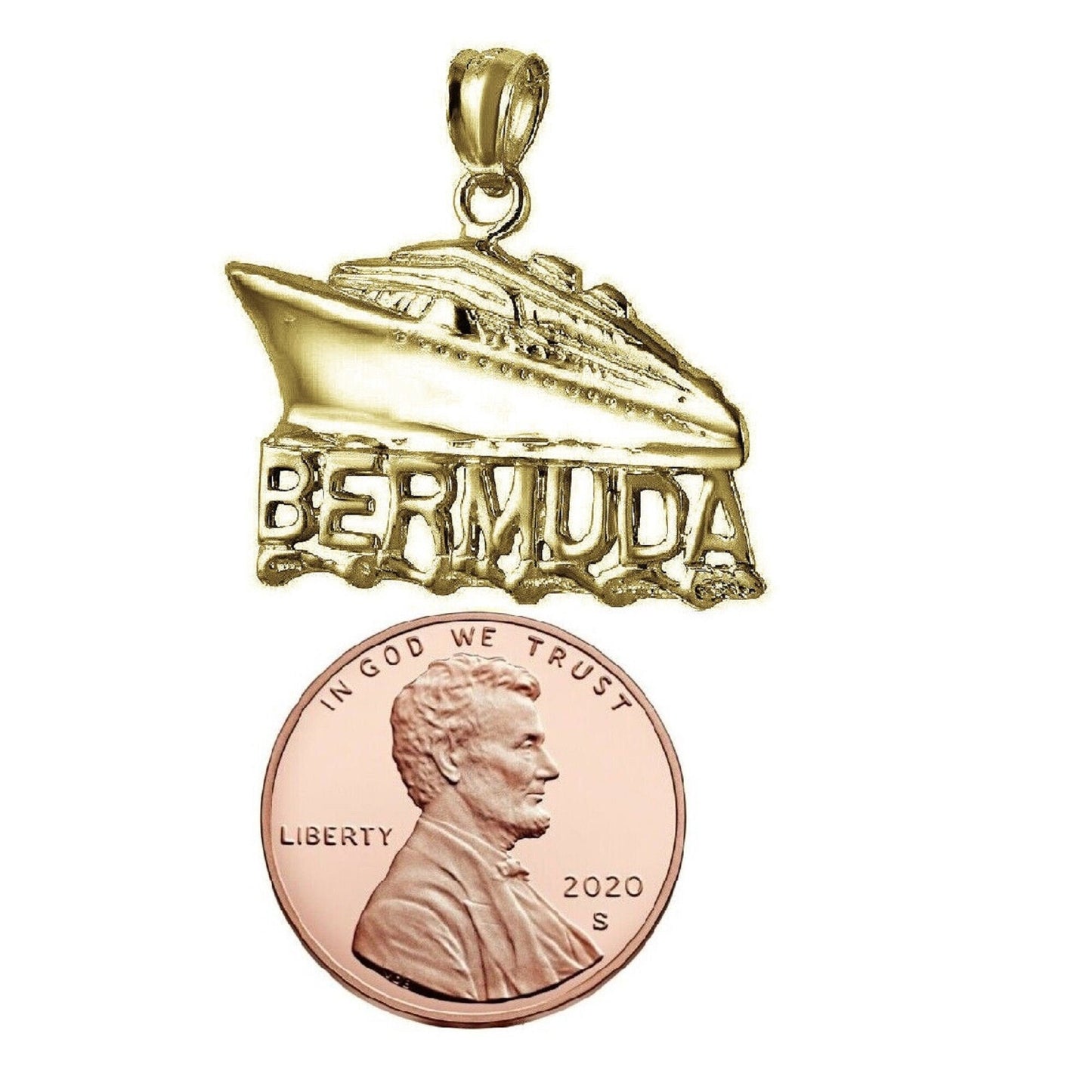 925 Sterling Silver Yellow Gold Plated 1mm Cable Chain Necklace w/ Bermuda Cruise Ship Pendant Charm