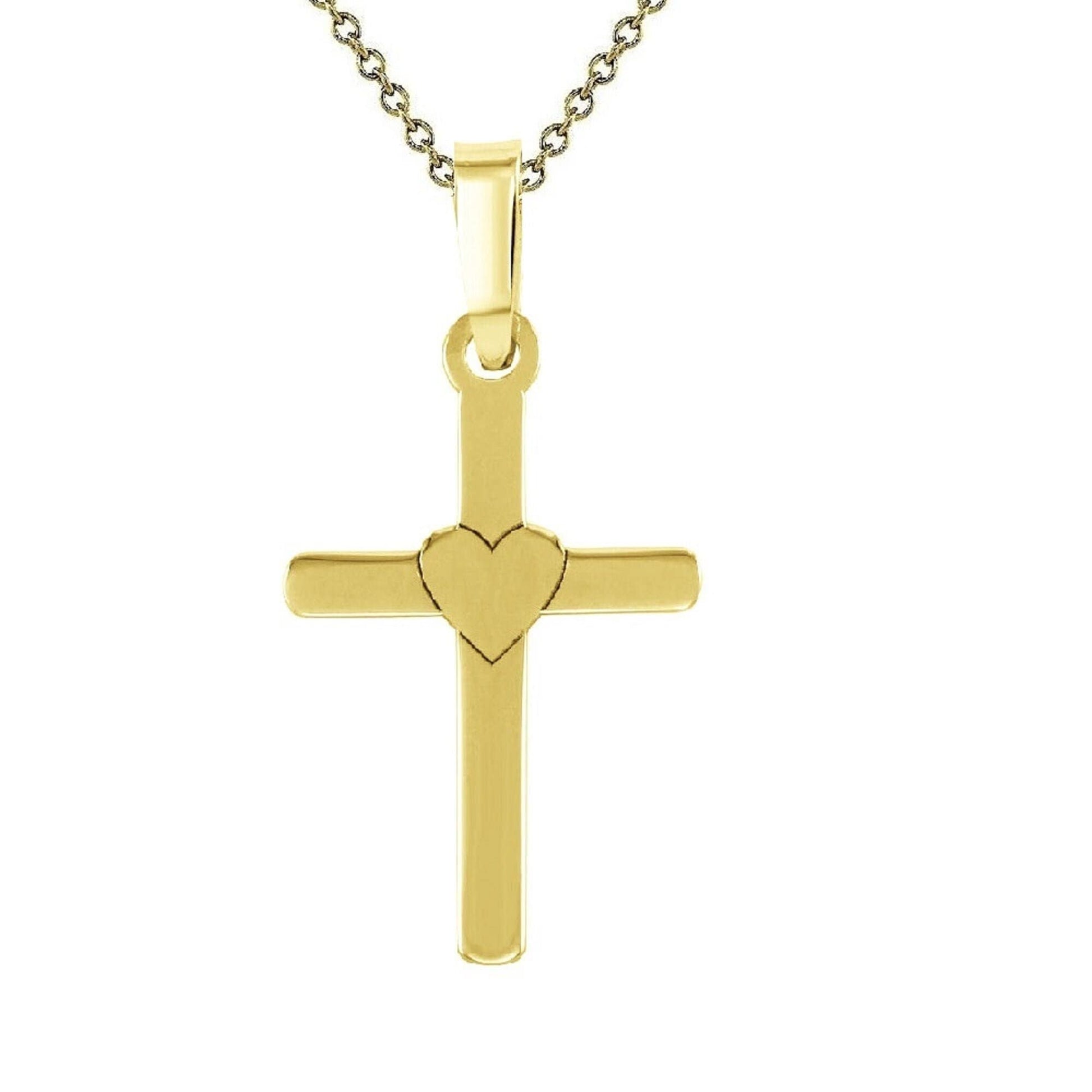 925 Sterling Silver Yellow Gold Plated 1mm Cable Chain Necklace w/ Cross and Heart Pendant Charm