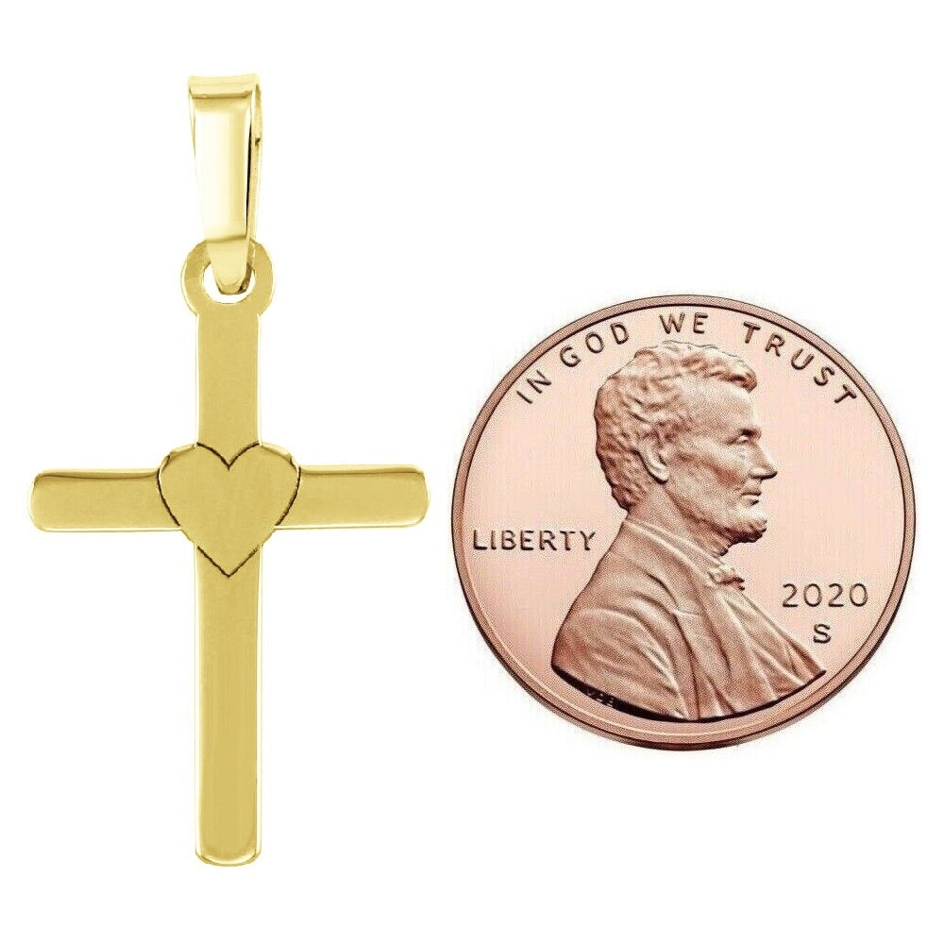 925 Sterling Silver Yellow Gold Plated 1mm Cable Chain Necklace w/ Cross and Heart Pendant Charm