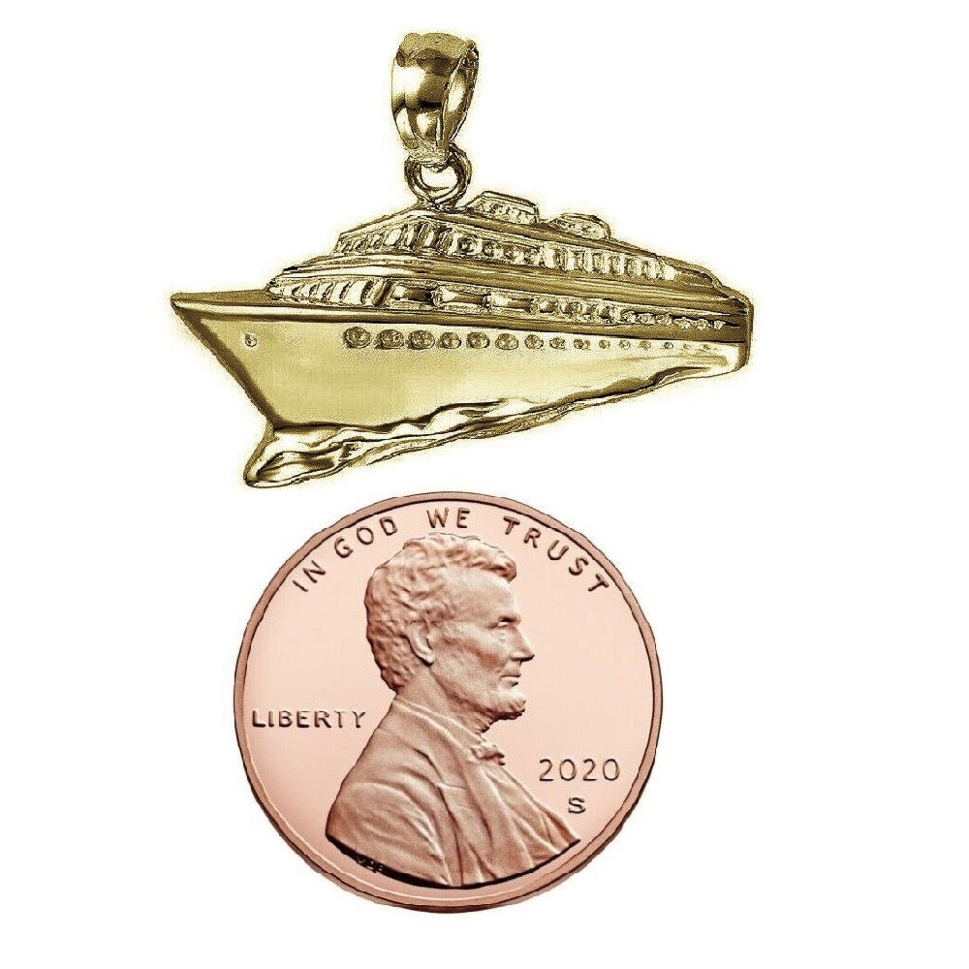 925 Sterling Silver Yellow Gold Plated 1mm Cable Chain Necklace w/ Cruise Ship Pendant Charm