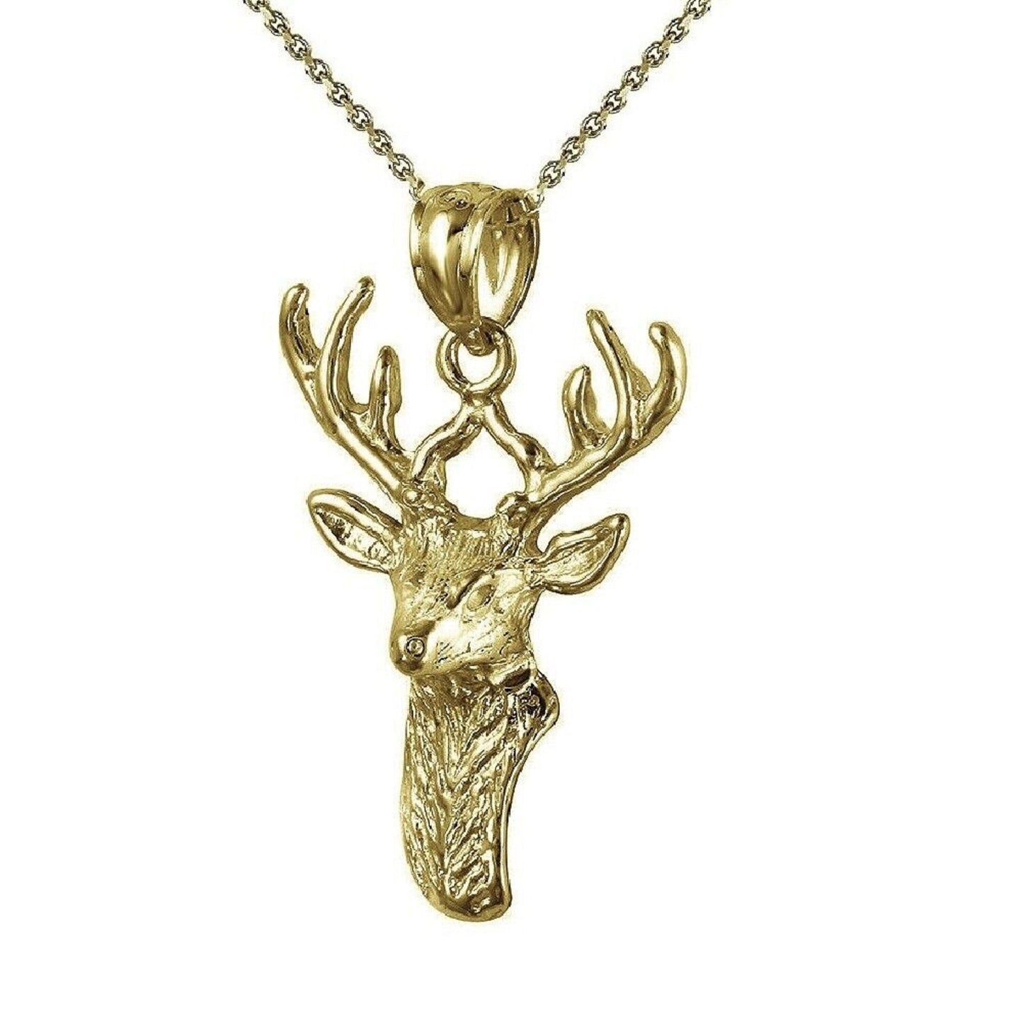 925 Sterling Silver Yellow Gold Plated 1mm Cable Chain Necklace w/ Deer Head Pendant Charm