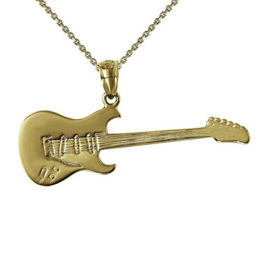925 Sterling Silver Yellow Gold Plated 1mm Cable Chain Necklace w/ Electric Guitar Pendant Charm