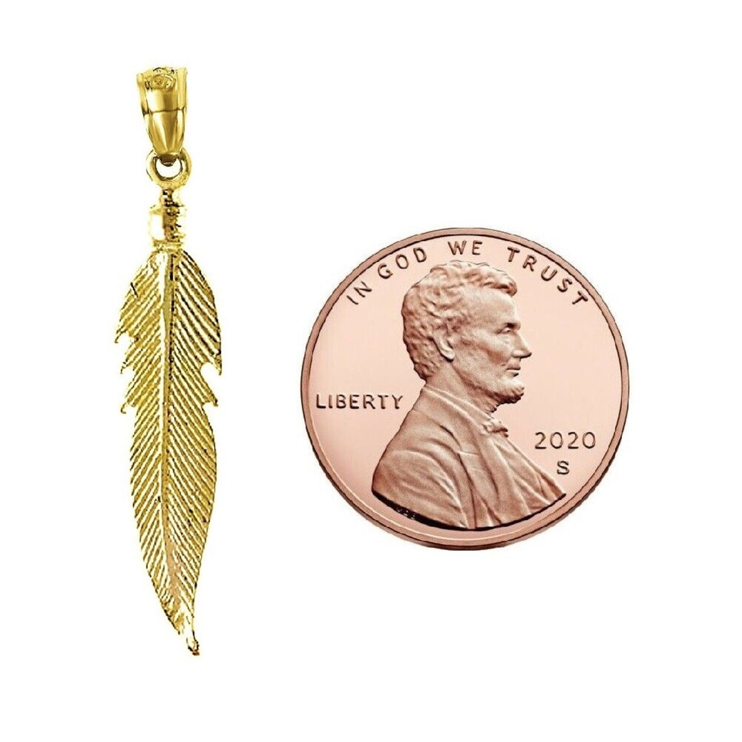 925 Sterling Silver Yellow Gold Plated 1mm Cable Chain Necklace w/ Feather Double Sided Pendant Charm
