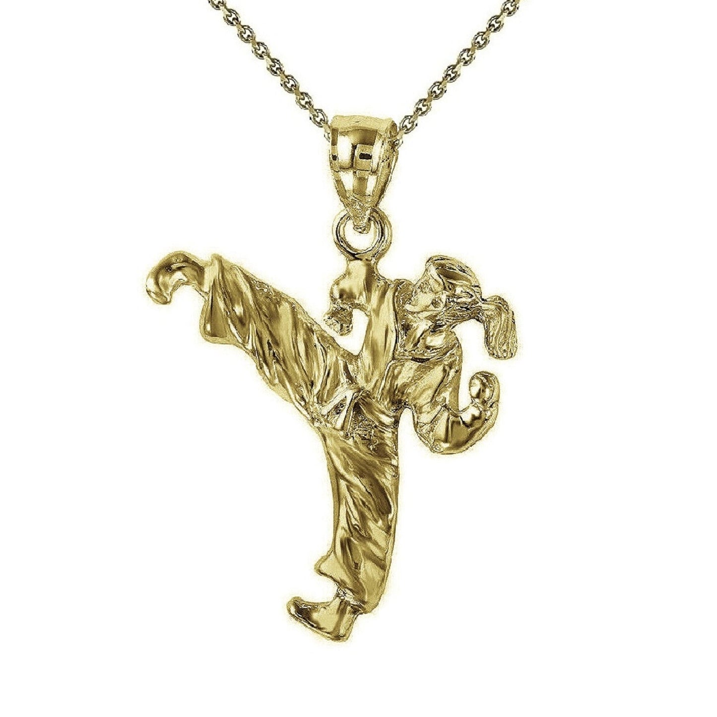925 Sterling Silver Yellow Gold Plated 1mm Cable Chain Necklace w/ Female Martial Arts Karate Pendant