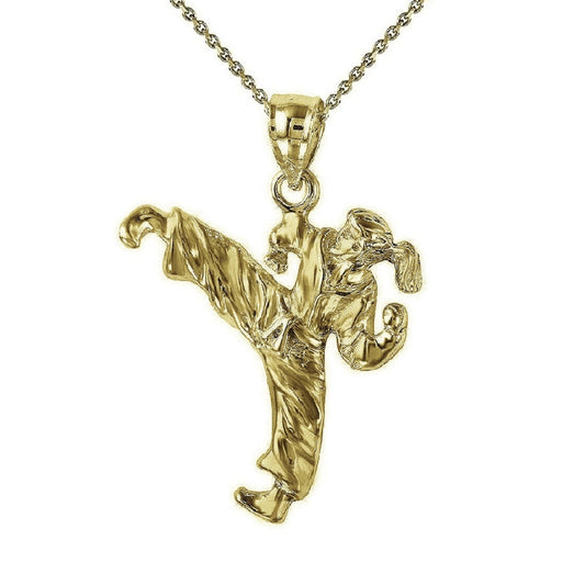 925 Sterling Silver Yellow Gold Plated 1mm Cable Chain Necklace w/ Female Martial Arts Karate Pendant