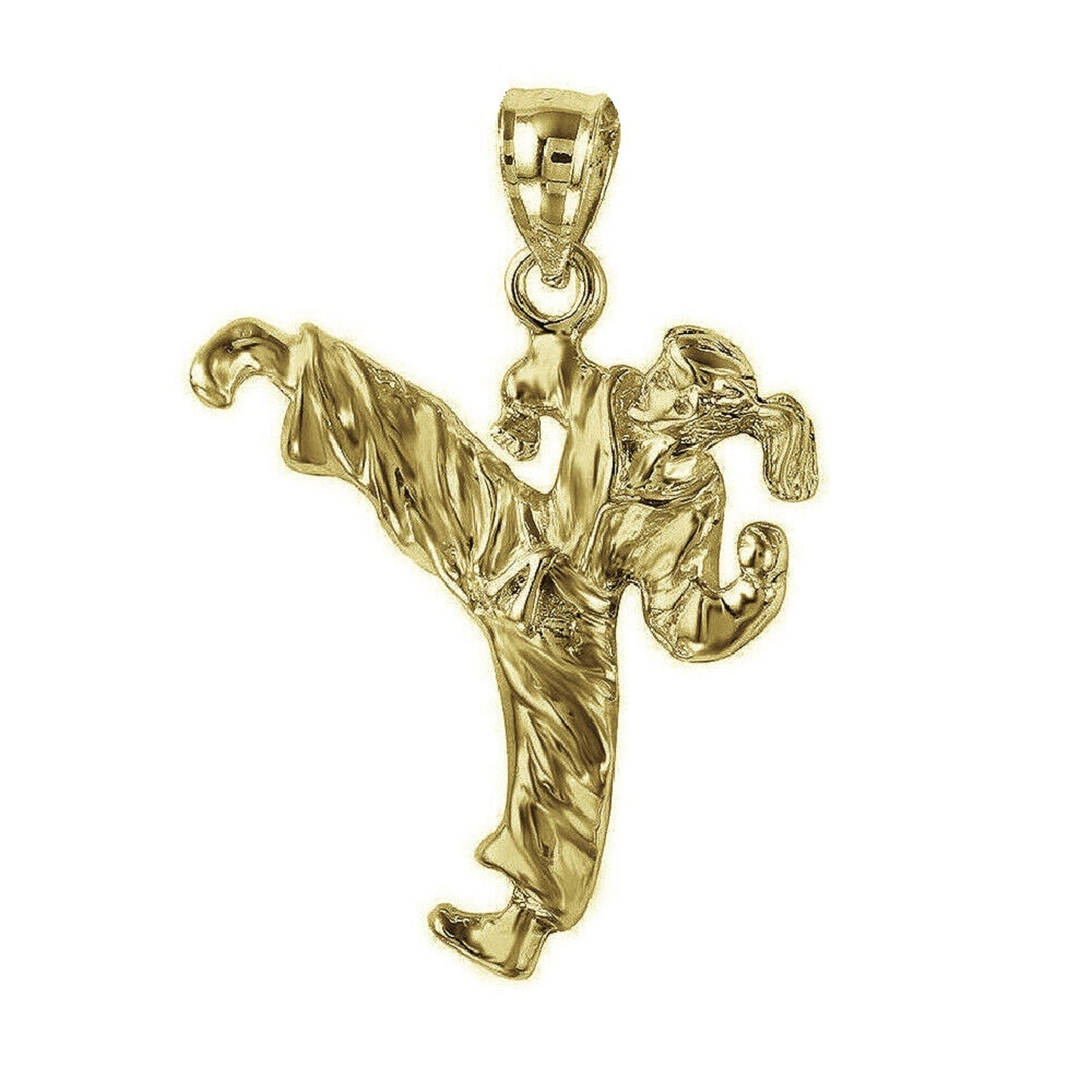 925 Sterling Silver Yellow Gold Plated 1mm Cable Chain Necklace w/ Female Martial Arts Karate Pendant