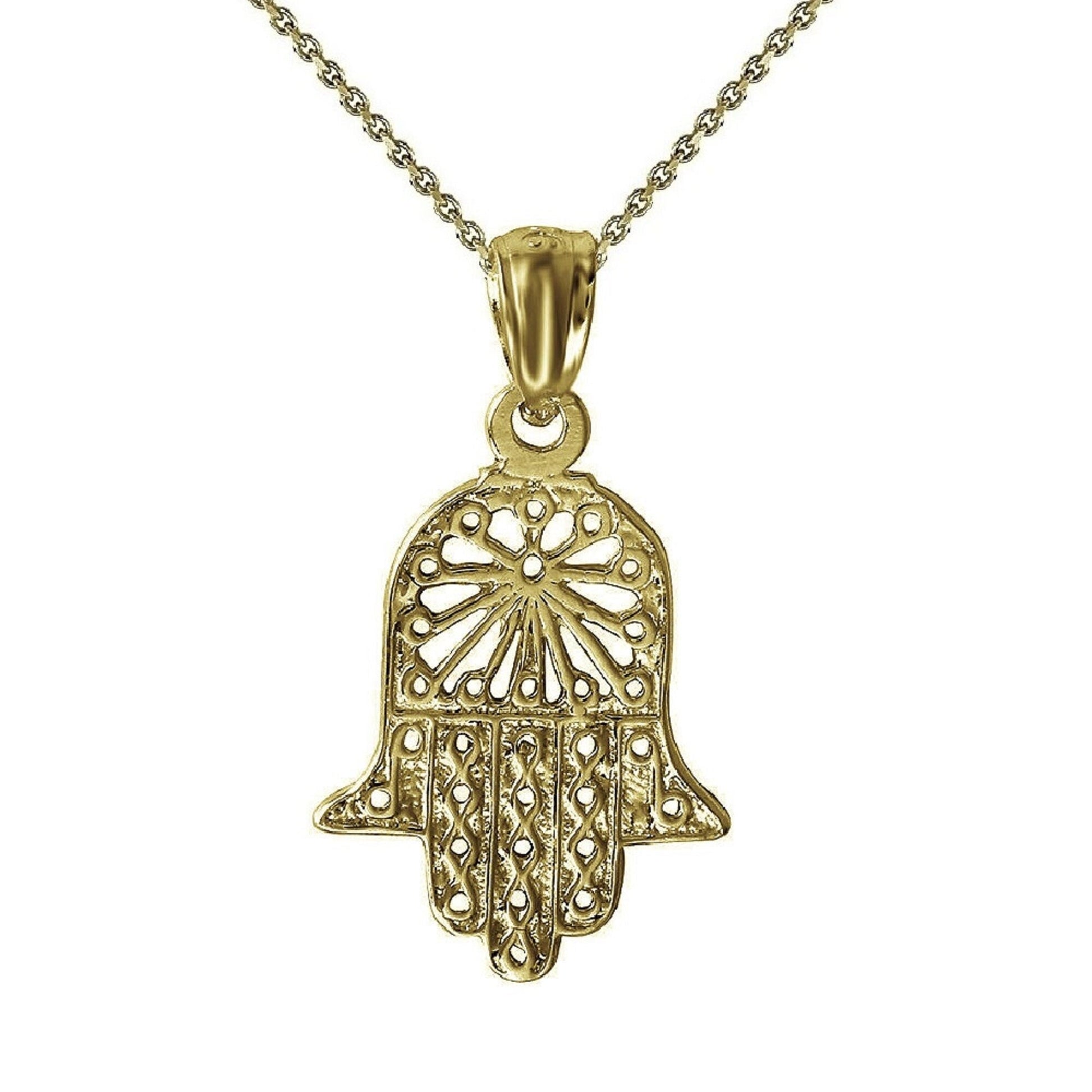 925 Sterling Silver Yellow Gold Plated 1mm Cable Chain Necklace w/ Hamsa Hand Pendant Charm